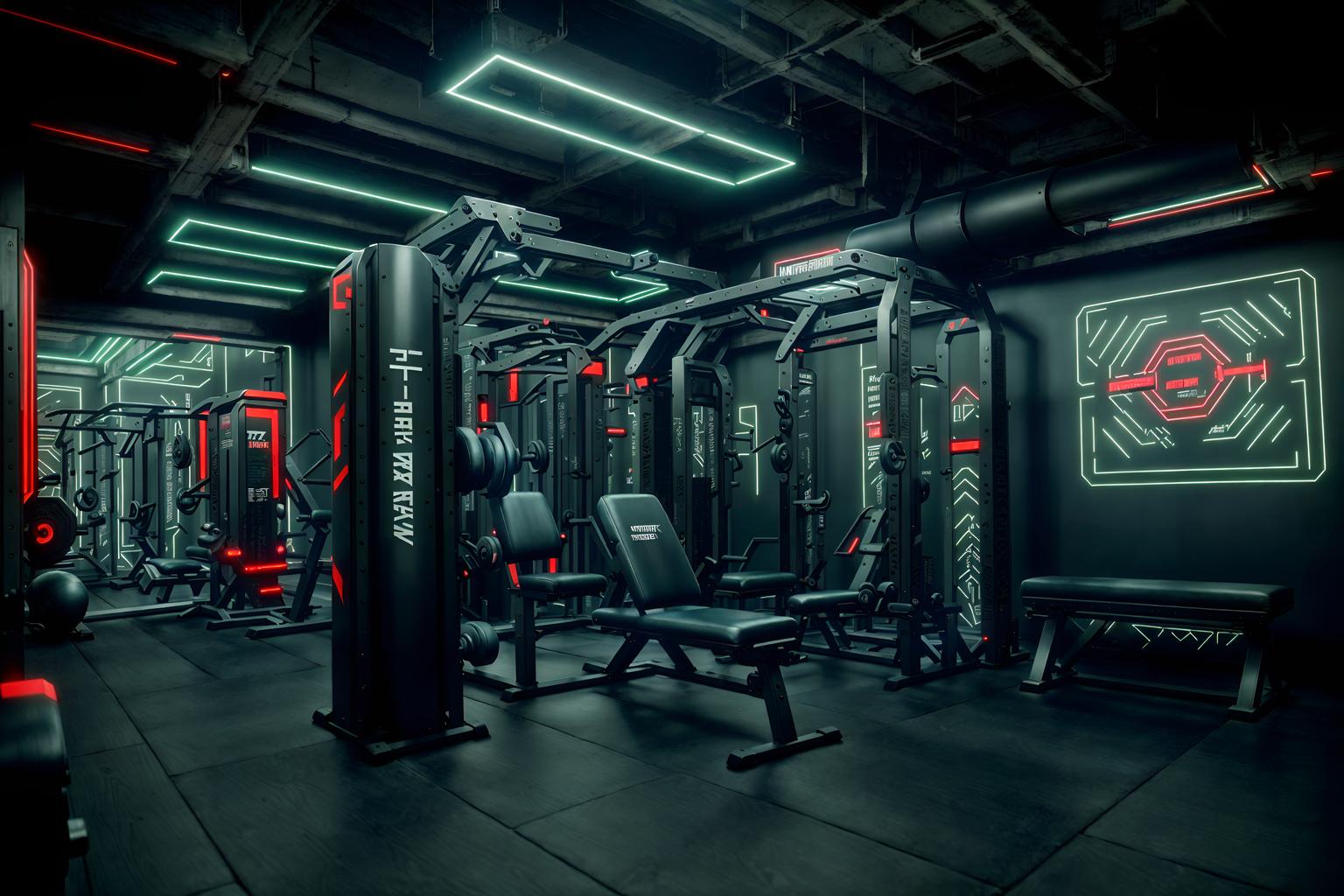 cyberpunk-style (fitness gym interior) with bench press and crosstrainer and squat rack and dumbbell stand and exercise bicycle and bench press. . with futuristic cybernetic city and surrealist paintings and dark night and military uniforms and gear and strong geometric walls and cyberpunk lights and futuristic cybernetic details and cyberpunk lights. . cinematic photo, highly detailed, cinematic lighting, ultra-detailed, ultrarealistic, photorealism, 8k. cyberpunk interior design style. masterpiece, cinematic light, ultrarealistic+, photorealistic+, 8k, raw photo, realistic, sharp focus on eyes, (symmetrical eyes), (intact eyes), hyperrealistic, highest quality, best quality, , highly detailed, masterpiece, best quality, extremely detailed 8k wallpaper, masterpiece, best quality, ultra-detailed, best shadow, detailed background, detailed face, detailed eyes, high contrast, best illumination, detailed face, dulux, caustic, dynamic angle, detailed glow. dramatic lighting. highly detailed, insanely detailed hair, symmetrical, intricate details, professionally retouched, 8k high definition. strong bokeh. award winning photo.