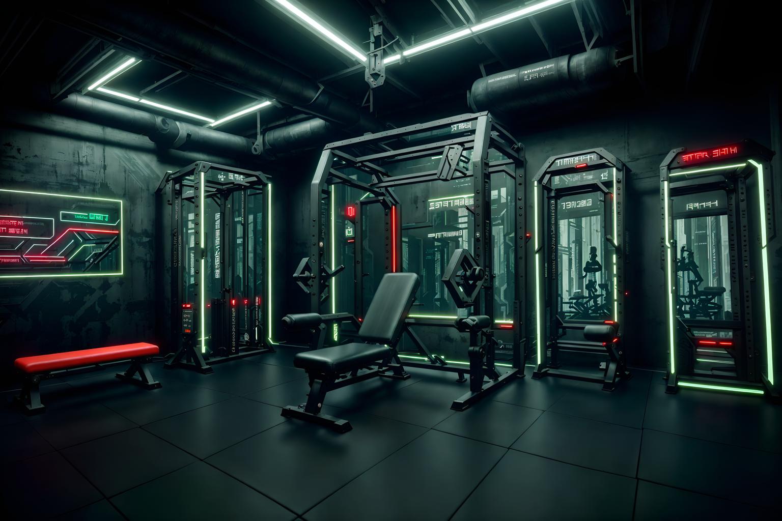 cyberpunk-style (fitness gym interior) with bench press and crosstrainer and squat rack and dumbbell stand and exercise bicycle and bench press. . with futuristic cybernetic city and surrealist paintings and dark night and military uniforms and gear and strong geometric walls and cyberpunk lights and futuristic cybernetic details and cyberpunk lights. . cinematic photo, highly detailed, cinematic lighting, ultra-detailed, ultrarealistic, photorealism, 8k. cyberpunk interior design style. masterpiece, cinematic light, ultrarealistic+, photorealistic+, 8k, raw photo, realistic, sharp focus on eyes, (symmetrical eyes), (intact eyes), hyperrealistic, highest quality, best quality, , highly detailed, masterpiece, best quality, extremely detailed 8k wallpaper, masterpiece, best quality, ultra-detailed, best shadow, detailed background, detailed face, detailed eyes, high contrast, best illumination, detailed face, dulux, caustic, dynamic angle, detailed glow. dramatic lighting. highly detailed, insanely detailed hair, symmetrical, intricate details, professionally retouched, 8k high definition. strong bokeh. award winning photo.