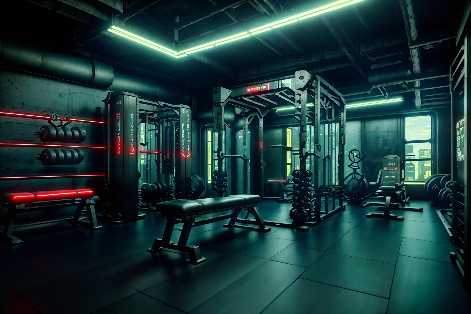 cyberpunk-style (fitness gym interior) with bench press and crosstrainer and squat rack and dumbbell stand and exercise bicycle and bench press. . with futuristic cybernetic city and surrealist paintings and dark night and military uniforms and gear and strong geometric walls and cyberpunk lights and futuristic cybernetic details and cyberpunk lights. . cinematic photo, highly detailed, cinematic lighting, ultra-detailed, ultrarealistic, photorealism, 8k. cyberpunk interior design style. masterpiece, cinematic light, ultrarealistic+, photorealistic+, 8k, raw photo, realistic, sharp focus on eyes, (symmetrical eyes), (intact eyes), hyperrealistic, highest quality, best quality, , highly detailed, masterpiece, best quality, extremely detailed 8k wallpaper, masterpiece, best quality, ultra-detailed, best shadow, detailed background, detailed face, detailed eyes, high contrast, best illumination, detailed face, dulux, caustic, dynamic angle, detailed glow. dramatic lighting. highly detailed, insanely detailed hair, symmetrical, intricate details, professionally retouched, 8k high definition. strong bokeh. award winning photo.