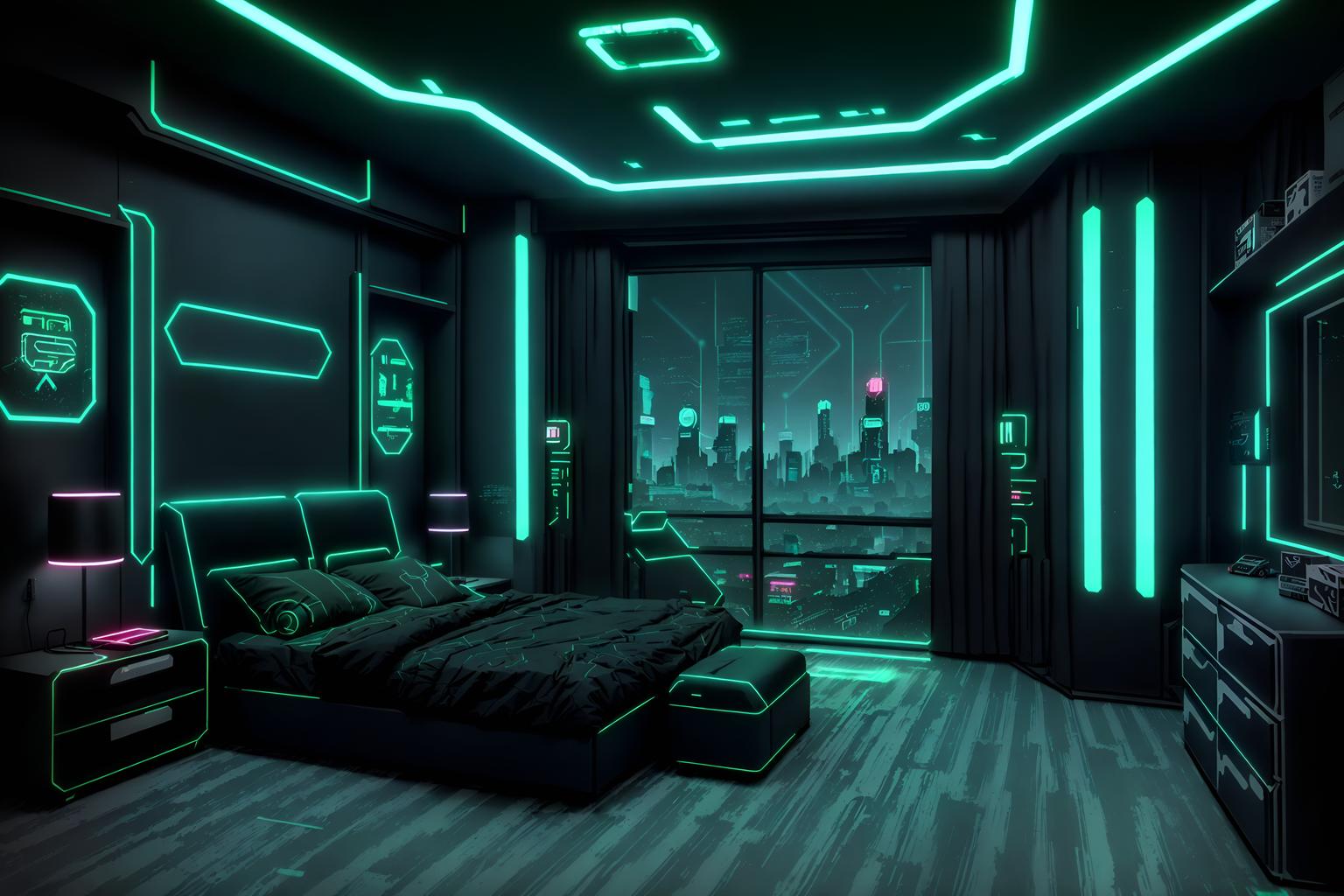 cyberpunk-style (kids room interior) with storage bench or ottoman and bedside table or night stand and kids desk and mirror and headboard and dresser closet and bed and plant. . with minimalist and strong geometric walls and black lights and futuristic cybernetic city and military uniforms and gear and cyberpunk lights and dark night and color lights glow. . cinematic photo, highly detailed, cinematic lighting, ultra-detailed, ultrarealistic, photorealism, 8k. cyberpunk interior design style. masterpiece, cinematic light, ultrarealistic+, photorealistic+, 8k, raw photo, realistic, sharp focus on eyes, (symmetrical eyes), (intact eyes), hyperrealistic, highest quality, best quality, , highly detailed, masterpiece, best quality, extremely detailed 8k wallpaper, masterpiece, best quality, ultra-detailed, best shadow, detailed background, detailed face, detailed eyes, high contrast, best illumination, detailed face, dulux, caustic, dynamic angle, detailed glow. dramatic lighting. highly detailed, insanely detailed hair, symmetrical, intricate details, professionally retouched, 8k high definition. strong bokeh. award winning photo.