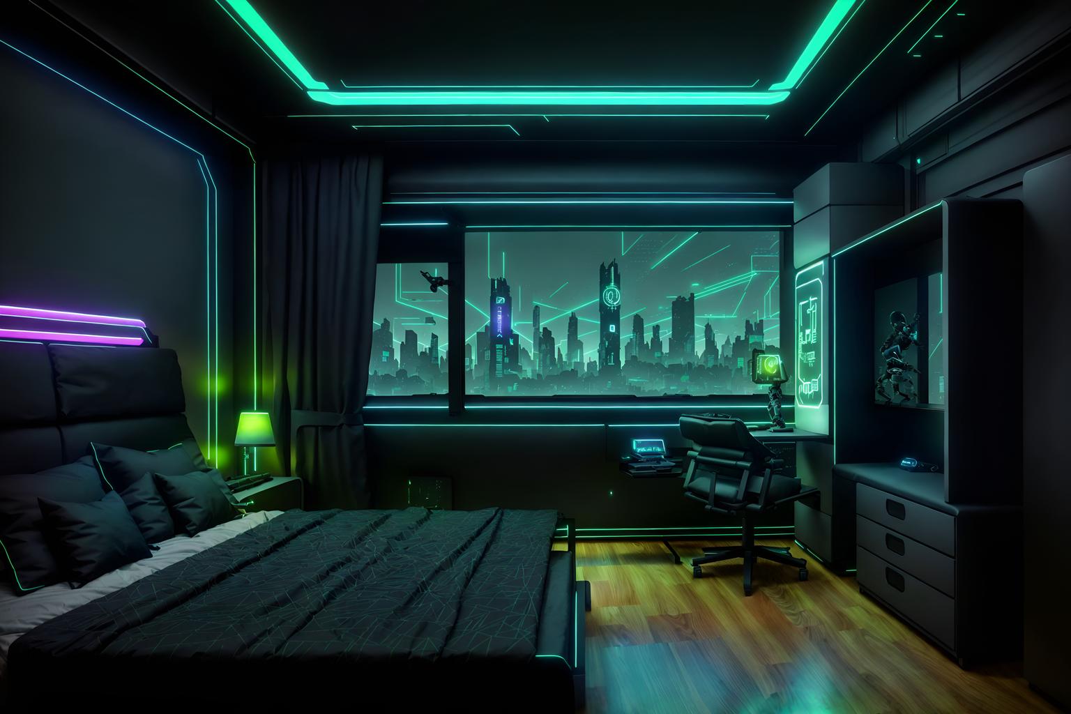 cyberpunk-style (kids room interior) with storage bench or ottoman and bedside table or night stand and kids desk and mirror and headboard and dresser closet and bed and plant. . with minimalist and strong geometric walls and black lights and futuristic cybernetic city and military uniforms and gear and cyberpunk lights and dark night and color lights glow. . cinematic photo, highly detailed, cinematic lighting, ultra-detailed, ultrarealistic, photorealism, 8k. cyberpunk interior design style. masterpiece, cinematic light, ultrarealistic+, photorealistic+, 8k, raw photo, realistic, sharp focus on eyes, (symmetrical eyes), (intact eyes), hyperrealistic, highest quality, best quality, , highly detailed, masterpiece, best quality, extremely detailed 8k wallpaper, masterpiece, best quality, ultra-detailed, best shadow, detailed background, detailed face, detailed eyes, high contrast, best illumination, detailed face, dulux, caustic, dynamic angle, detailed glow. dramatic lighting. highly detailed, insanely detailed hair, symmetrical, intricate details, professionally retouched, 8k high definition. strong bokeh. award winning photo.