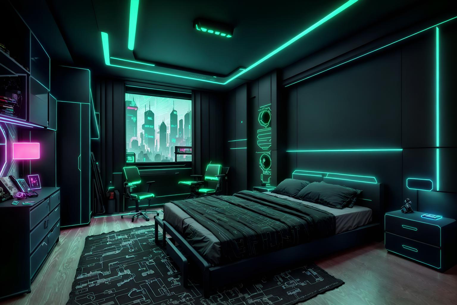 cyberpunk-style (kids room interior) with storage bench or ottoman and bedside table or night stand and kids desk and mirror and headboard and dresser closet and bed and plant. . with minimalist and strong geometric walls and black lights and futuristic cybernetic city and military uniforms and gear and cyberpunk lights and dark night and color lights glow. . cinematic photo, highly detailed, cinematic lighting, ultra-detailed, ultrarealistic, photorealism, 8k. cyberpunk interior design style. masterpiece, cinematic light, ultrarealistic+, photorealistic+, 8k, raw photo, realistic, sharp focus on eyes, (symmetrical eyes), (intact eyes), hyperrealistic, highest quality, best quality, , highly detailed, masterpiece, best quality, extremely detailed 8k wallpaper, masterpiece, best quality, ultra-detailed, best shadow, detailed background, detailed face, detailed eyes, high contrast, best illumination, detailed face, dulux, caustic, dynamic angle, detailed glow. dramatic lighting. highly detailed, insanely detailed hair, symmetrical, intricate details, professionally retouched, 8k high definition. strong bokeh. award winning photo.