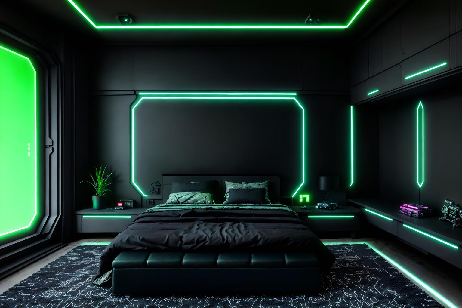 cyberpunk-style (kids room interior) with storage bench or ottoman and bedside table or night stand and kids desk and mirror and headboard and dresser closet and bed and plant. . with minimalist and strong geometric walls and black lights and futuristic cybernetic city and military uniforms and gear and cyberpunk lights and dark night and color lights glow. . cinematic photo, highly detailed, cinematic lighting, ultra-detailed, ultrarealistic, photorealism, 8k. cyberpunk interior design style. masterpiece, cinematic light, ultrarealistic+, photorealistic+, 8k, raw photo, realistic, sharp focus on eyes, (symmetrical eyes), (intact eyes), hyperrealistic, highest quality, best quality, , highly detailed, masterpiece, best quality, extremely detailed 8k wallpaper, masterpiece, best quality, ultra-detailed, best shadow, detailed background, detailed face, detailed eyes, high contrast, best illumination, detailed face, dulux, caustic, dynamic angle, detailed glow. dramatic lighting. highly detailed, insanely detailed hair, symmetrical, intricate details, professionally retouched, 8k high definition. strong bokeh. award winning photo.