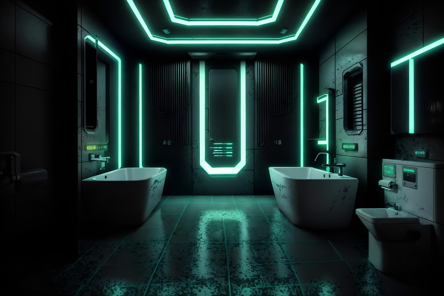 cyberpunk-style (bathroom interior) with bathtub and waste basket and bathroom sink with faucet and bath towel and bath rail and shower and bathroom cabinet and toilet seat. . with led lights and clean straight square lines and military uniforms and gear and futuristic cybernetic city and synthwave and black lights and surrealist paintings and strong geometric walls. . cinematic photo, highly detailed, cinematic lighting, ultra-detailed, ultrarealistic, photorealism, 8k. cyberpunk interior design style. masterpiece, cinematic light, ultrarealistic+, photorealistic+, 8k, raw photo, realistic, sharp focus on eyes, (symmetrical eyes), (intact eyes), hyperrealistic, highest quality, best quality, , highly detailed, masterpiece, best quality, extremely detailed 8k wallpaper, masterpiece, best quality, ultra-detailed, best shadow, detailed background, detailed face, detailed eyes, high contrast, best illumination, detailed face, dulux, caustic, dynamic angle, detailed glow. dramatic lighting. highly detailed, insanely detailed hair, symmetrical, intricate details, professionally retouched, 8k high definition. strong bokeh. award winning photo.