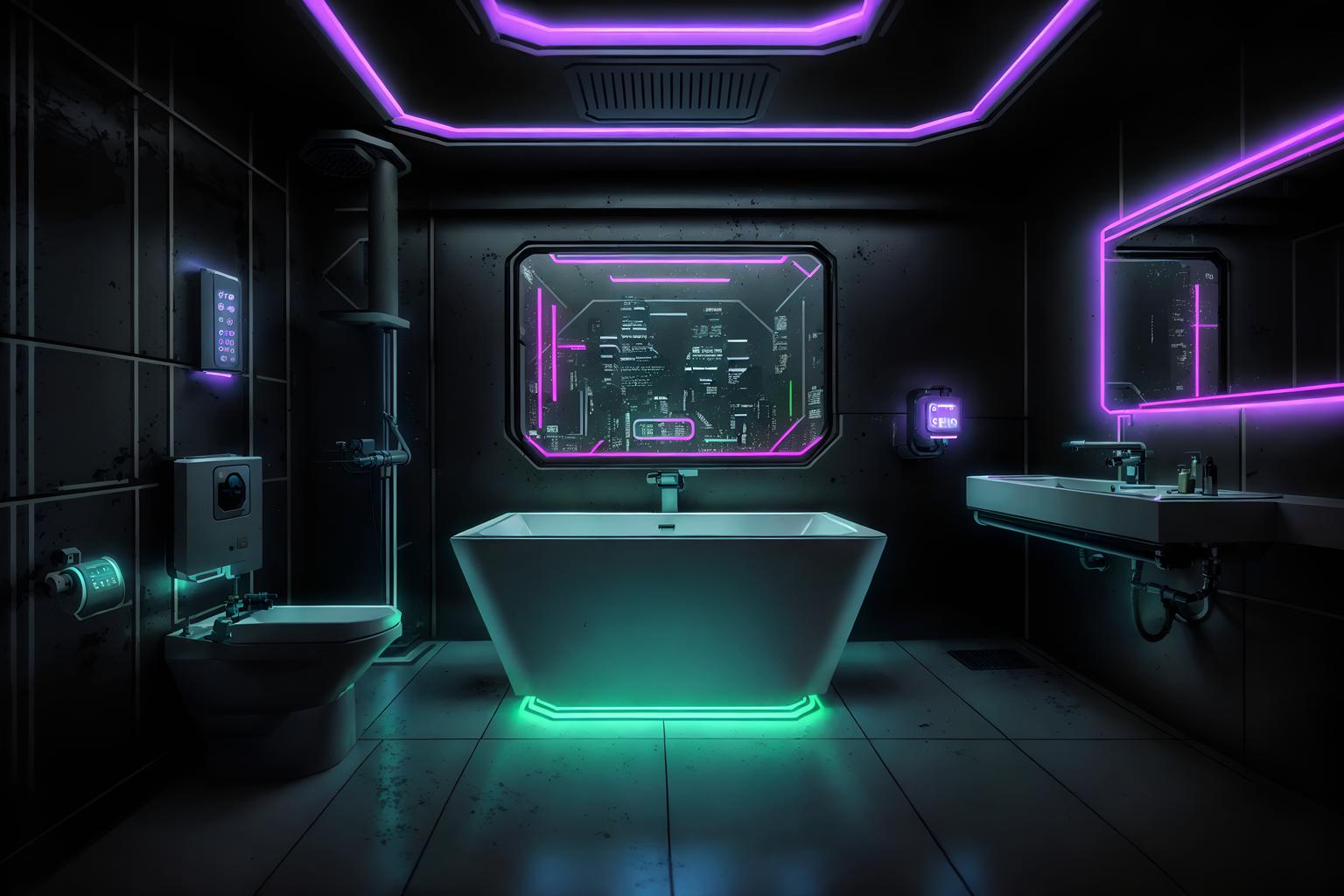 cyberpunk-style (bathroom interior) with bathtub and waste basket and bathroom sink with faucet and bath towel and bath rail and shower and bathroom cabinet and toilet seat. . with led lights and clean straight square lines and military uniforms and gear and futuristic cybernetic city and synthwave and black lights and surrealist paintings and strong geometric walls. . cinematic photo, highly detailed, cinematic lighting, ultra-detailed, ultrarealistic, photorealism, 8k. cyberpunk interior design style. masterpiece, cinematic light, ultrarealistic+, photorealistic+, 8k, raw photo, realistic, sharp focus on eyes, (symmetrical eyes), (intact eyes), hyperrealistic, highest quality, best quality, , highly detailed, masterpiece, best quality, extremely detailed 8k wallpaper, masterpiece, best quality, ultra-detailed, best shadow, detailed background, detailed face, detailed eyes, high contrast, best illumination, detailed face, dulux, caustic, dynamic angle, detailed glow. dramatic lighting. highly detailed, insanely detailed hair, symmetrical, intricate details, professionally retouched, 8k high definition. strong bokeh. award winning photo.