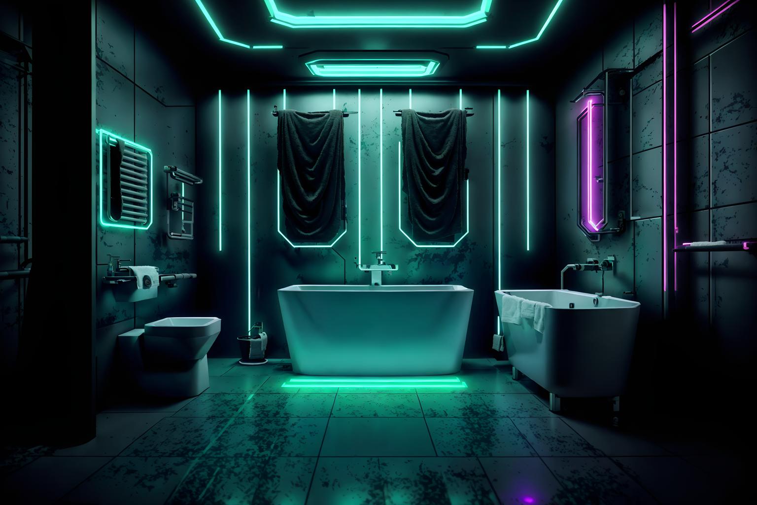 cyberpunk-style (bathroom interior) with bathtub and waste basket and bathroom sink with faucet and bath towel and bath rail and shower and bathroom cabinet and toilet seat. . with led lights and clean straight square lines and military uniforms and gear and futuristic cybernetic city and synthwave and black lights and surrealist paintings and strong geometric walls. . cinematic photo, highly detailed, cinematic lighting, ultra-detailed, ultrarealistic, photorealism, 8k. cyberpunk interior design style. masterpiece, cinematic light, ultrarealistic+, photorealistic+, 8k, raw photo, realistic, sharp focus on eyes, (symmetrical eyes), (intact eyes), hyperrealistic, highest quality, best quality, , highly detailed, masterpiece, best quality, extremely detailed 8k wallpaper, masterpiece, best quality, ultra-detailed, best shadow, detailed background, detailed face, detailed eyes, high contrast, best illumination, detailed face, dulux, caustic, dynamic angle, detailed glow. dramatic lighting. highly detailed, insanely detailed hair, symmetrical, intricate details, professionally retouched, 8k high definition. strong bokeh. award winning photo.