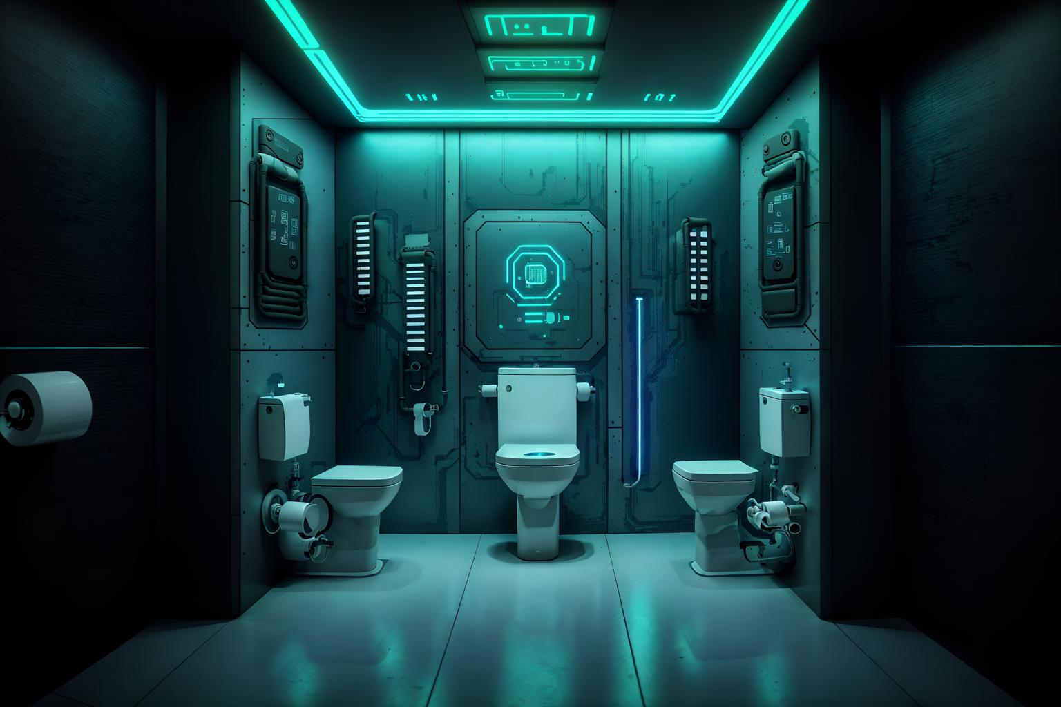 cyberpunk-style (toilet interior) with sink with tap and toilet paper hanger and toilet with toilet seat up and sink with tap. . with military uniforms and gear and clean straight square lines and strong geometric walls and futuristic cybernetic details and synthetic objects and color lights glow and futuristic cybernetic city and led lights. . cinematic photo, highly detailed, cinematic lighting, ultra-detailed, ultrarealistic, photorealism, 8k. cyberpunk interior design style. masterpiece, cinematic light, ultrarealistic+, photorealistic+, 8k, raw photo, realistic, sharp focus on eyes, (symmetrical eyes), (intact eyes), hyperrealistic, highest quality, best quality, , highly detailed, masterpiece, best quality, extremely detailed 8k wallpaper, masterpiece, best quality, ultra-detailed, best shadow, detailed background, detailed face, detailed eyes, high contrast, best illumination, detailed face, dulux, caustic, dynamic angle, detailed glow. dramatic lighting. highly detailed, insanely detailed hair, symmetrical, intricate details, professionally retouched, 8k high definition. strong bokeh. award winning photo.