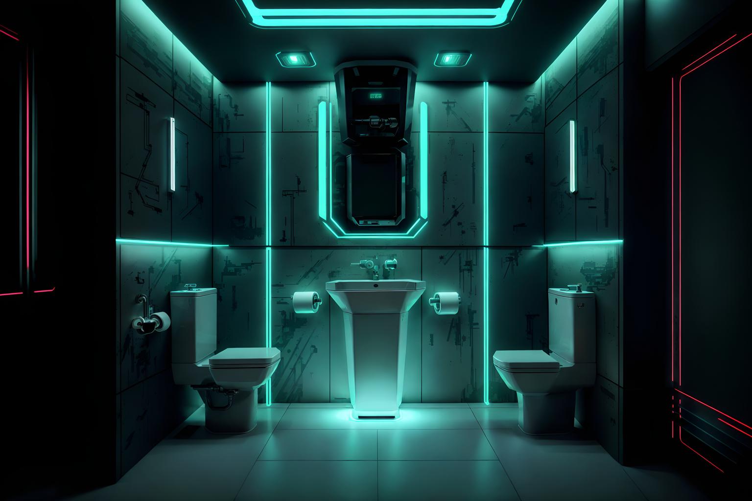 cyberpunk-style (toilet interior) with sink with tap and toilet paper hanger and toilet with toilet seat up and sink with tap. . with military uniforms and gear and clean straight square lines and strong geometric walls and futuristic cybernetic details and synthetic objects and color lights glow and futuristic cybernetic city and led lights. . cinematic photo, highly detailed, cinematic lighting, ultra-detailed, ultrarealistic, photorealism, 8k. cyberpunk interior design style. masterpiece, cinematic light, ultrarealistic+, photorealistic+, 8k, raw photo, realistic, sharp focus on eyes, (symmetrical eyes), (intact eyes), hyperrealistic, highest quality, best quality, , highly detailed, masterpiece, best quality, extremely detailed 8k wallpaper, masterpiece, best quality, ultra-detailed, best shadow, detailed background, detailed face, detailed eyes, high contrast, best illumination, detailed face, dulux, caustic, dynamic angle, detailed glow. dramatic lighting. highly detailed, insanely detailed hair, symmetrical, intricate details, professionally retouched, 8k high definition. strong bokeh. award winning photo.