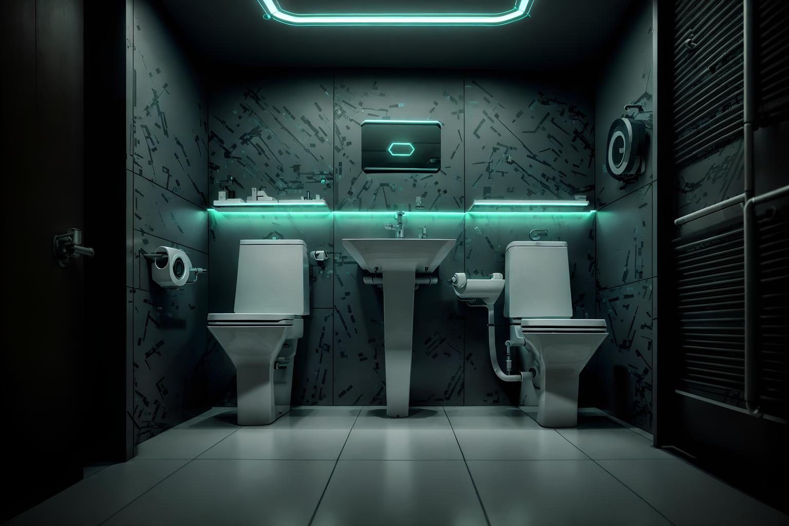 cyberpunk-style (toilet interior) with sink with tap and toilet paper hanger and toilet with toilet seat up and sink with tap. . with military uniforms and gear and clean straight square lines and strong geometric walls and futuristic cybernetic details and synthetic objects and color lights glow and futuristic cybernetic city and led lights. . cinematic photo, highly detailed, cinematic lighting, ultra-detailed, ultrarealistic, photorealism, 8k. cyberpunk interior design style. masterpiece, cinematic light, ultrarealistic+, photorealistic+, 8k, raw photo, realistic, sharp focus on eyes, (symmetrical eyes), (intact eyes), hyperrealistic, highest quality, best quality, , highly detailed, masterpiece, best quality, extremely detailed 8k wallpaper, masterpiece, best quality, ultra-detailed, best shadow, detailed background, detailed face, detailed eyes, high contrast, best illumination, detailed face, dulux, caustic, dynamic angle, detailed glow. dramatic lighting. highly detailed, insanely detailed hair, symmetrical, intricate details, professionally retouched, 8k high definition. strong bokeh. award winning photo.