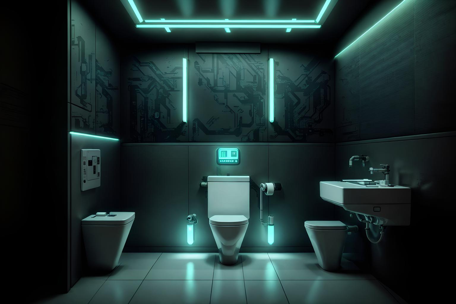 cyberpunk-style (toilet interior) with sink with tap and toilet paper hanger and toilet with toilet seat up and sink with tap. . with military uniforms and gear and clean straight square lines and strong geometric walls and futuristic cybernetic details and synthetic objects and color lights glow and futuristic cybernetic city and led lights. . cinematic photo, highly detailed, cinematic lighting, ultra-detailed, ultrarealistic, photorealism, 8k. cyberpunk interior design style. masterpiece, cinematic light, ultrarealistic+, photorealistic+, 8k, raw photo, realistic, sharp focus on eyes, (symmetrical eyes), (intact eyes), hyperrealistic, highest quality, best quality, , highly detailed, masterpiece, best quality, extremely detailed 8k wallpaper, masterpiece, best quality, ultra-detailed, best shadow, detailed background, detailed face, detailed eyes, high contrast, best illumination, detailed face, dulux, caustic, dynamic angle, detailed glow. dramatic lighting. highly detailed, insanely detailed hair, symmetrical, intricate details, professionally retouched, 8k high definition. strong bokeh. award winning photo.