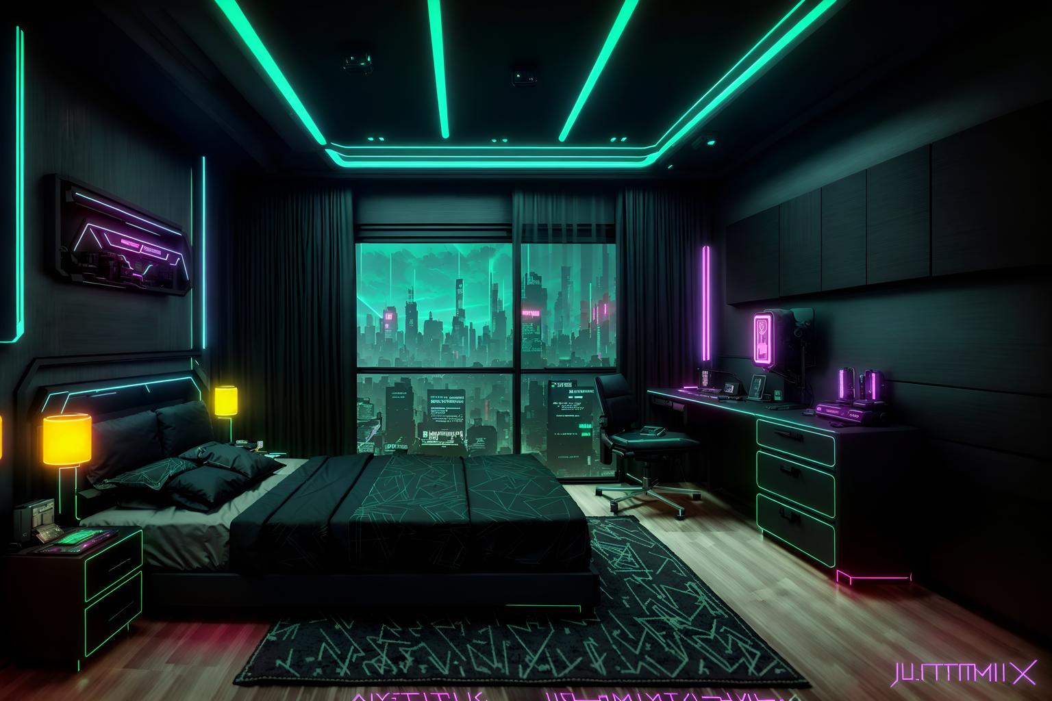 cyberpunk-style (bedroom interior) with headboard and night light and bedside table or night stand and plant and dresser closet and storage bench or ottoman and bed and mirror. . with synthwave and cyberpunk lights and cyberpunk style and minimalist and futuristic cybernetic details and black lights and military uniforms and gear and bladerunner style. . cinematic photo, highly detailed, cinematic lighting, ultra-detailed, ultrarealistic, photorealism, 8k. cyberpunk interior design style. masterpiece, cinematic light, ultrarealistic+, photorealistic+, 8k, raw photo, realistic, sharp focus on eyes, (symmetrical eyes), (intact eyes), hyperrealistic, highest quality, best quality, , highly detailed, masterpiece, best quality, extremely detailed 8k wallpaper, masterpiece, best quality, ultra-detailed, best shadow, detailed background, detailed face, detailed eyes, high contrast, best illumination, detailed face, dulux, caustic, dynamic angle, detailed glow. dramatic lighting. highly detailed, insanely detailed hair, symmetrical, intricate details, professionally retouched, 8k high definition. strong bokeh. award winning photo.