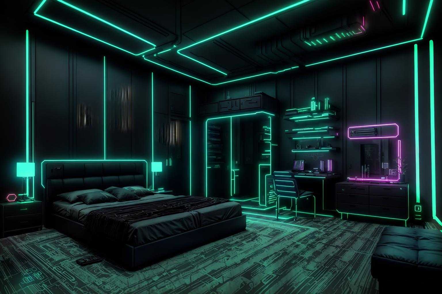 cyberpunk-style (bedroom interior) with headboard and night light and bedside table or night stand and plant and dresser closet and storage bench or ottoman and bed and mirror. . with synthwave and cyberpunk lights and cyberpunk style and minimalist and futuristic cybernetic details and black lights and military uniforms and gear and bladerunner style. . cinematic photo, highly detailed, cinematic lighting, ultra-detailed, ultrarealistic, photorealism, 8k. cyberpunk interior design style. masterpiece, cinematic light, ultrarealistic+, photorealistic+, 8k, raw photo, realistic, sharp focus on eyes, (symmetrical eyes), (intact eyes), hyperrealistic, highest quality, best quality, , highly detailed, masterpiece, best quality, extremely detailed 8k wallpaper, masterpiece, best quality, ultra-detailed, best shadow, detailed background, detailed face, detailed eyes, high contrast, best illumination, detailed face, dulux, caustic, dynamic angle, detailed glow. dramatic lighting. highly detailed, insanely detailed hair, symmetrical, intricate details, professionally retouched, 8k high definition. strong bokeh. award winning photo.