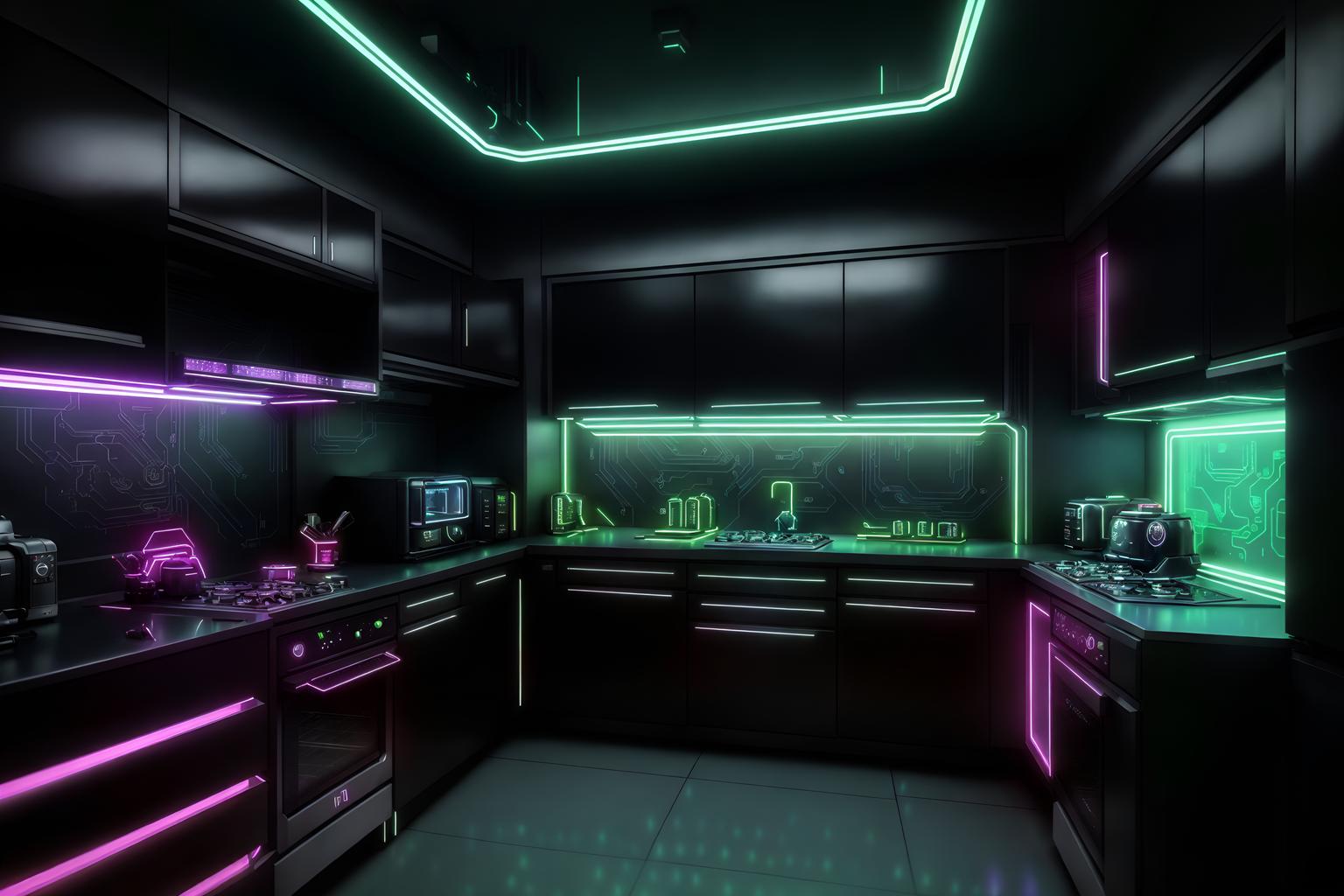 cyberpunk-style (kitchen interior) with stove and refrigerator and plant and kitchen cabinets and worktops and sink and stove. . with futuristic cybernetic city and synthwave and dark night and minimalist and color lights glow and bladerunner lights and surrealist paintings and black lights. . cinematic photo, highly detailed, cinematic lighting, ultra-detailed, ultrarealistic, photorealism, 8k. cyberpunk interior design style. masterpiece, cinematic light, ultrarealistic+, photorealistic+, 8k, raw photo, realistic, sharp focus on eyes, (symmetrical eyes), (intact eyes), hyperrealistic, highest quality, best quality, , highly detailed, masterpiece, best quality, extremely detailed 8k wallpaper, masterpiece, best quality, ultra-detailed, best shadow, detailed background, detailed face, detailed eyes, high contrast, best illumination, detailed face, dulux, caustic, dynamic angle, detailed glow. dramatic lighting. highly detailed, insanely detailed hair, symmetrical, intricate details, professionally retouched, 8k high definition. strong bokeh. award winning photo.