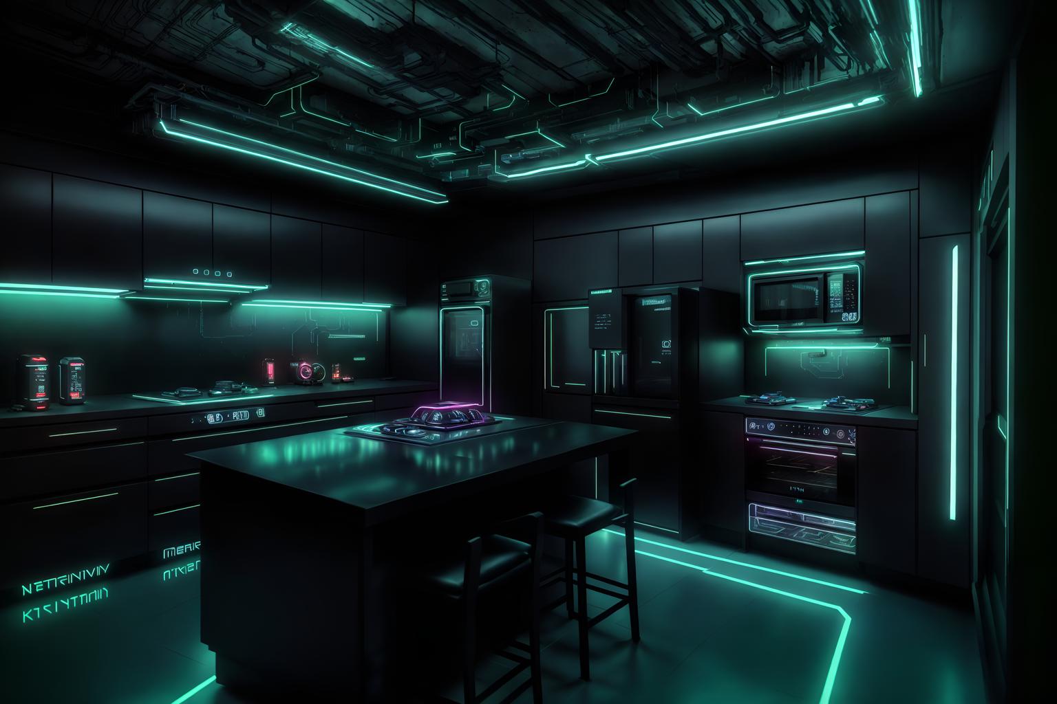 cyberpunk-style (kitchen interior) with stove and refrigerator and plant and kitchen cabinets and worktops and sink and stove. . with futuristic cybernetic city and synthwave and dark night and minimalist and color lights glow and bladerunner lights and surrealist paintings and black lights. . cinematic photo, highly detailed, cinematic lighting, ultra-detailed, ultrarealistic, photorealism, 8k. cyberpunk interior design style. masterpiece, cinematic light, ultrarealistic+, photorealistic+, 8k, raw photo, realistic, sharp focus on eyes, (symmetrical eyes), (intact eyes), hyperrealistic, highest quality, best quality, , highly detailed, masterpiece, best quality, extremely detailed 8k wallpaper, masterpiece, best quality, ultra-detailed, best shadow, detailed background, detailed face, detailed eyes, high contrast, best illumination, detailed face, dulux, caustic, dynamic angle, detailed glow. dramatic lighting. highly detailed, insanely detailed hair, symmetrical, intricate details, professionally retouched, 8k high definition. strong bokeh. award winning photo.