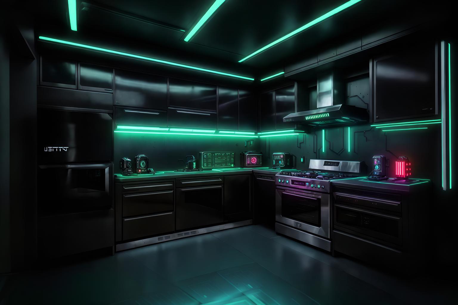 cyberpunk-style (kitchen interior) with stove and refrigerator and plant and kitchen cabinets and worktops and sink and stove. . with futuristic cybernetic city and synthwave and dark night and minimalist and color lights glow and bladerunner lights and surrealist paintings and black lights. . cinematic photo, highly detailed, cinematic lighting, ultra-detailed, ultrarealistic, photorealism, 8k. cyberpunk interior design style. masterpiece, cinematic light, ultrarealistic+, photorealistic+, 8k, raw photo, realistic, sharp focus on eyes, (symmetrical eyes), (intact eyes), hyperrealistic, highest quality, best quality, , highly detailed, masterpiece, best quality, extremely detailed 8k wallpaper, masterpiece, best quality, ultra-detailed, best shadow, detailed background, detailed face, detailed eyes, high contrast, best illumination, detailed face, dulux, caustic, dynamic angle, detailed glow. dramatic lighting. highly detailed, insanely detailed hair, symmetrical, intricate details, professionally retouched, 8k high definition. strong bokeh. award winning photo.