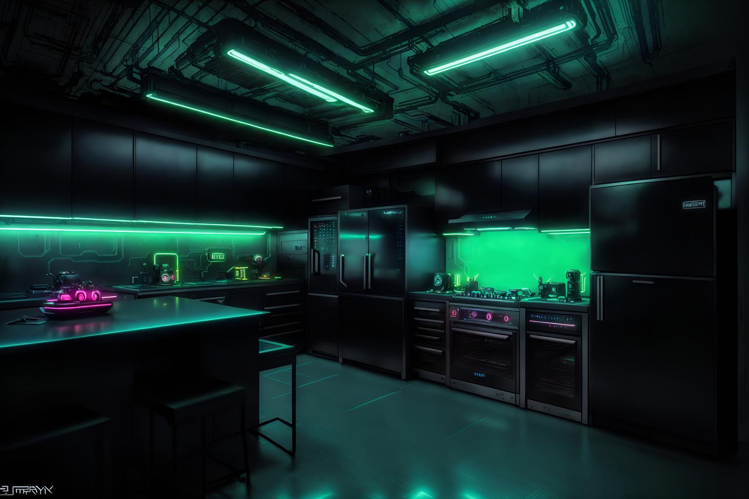 cyberpunk-style (kitchen interior) with stove and refrigerator and plant and kitchen cabinets and worktops and sink and stove. . with futuristic cybernetic city and synthwave and dark night and minimalist and color lights glow and bladerunner lights and surrealist paintings and black lights. . cinematic photo, highly detailed, cinematic lighting, ultra-detailed, ultrarealistic, photorealism, 8k. cyberpunk interior design style. masterpiece, cinematic light, ultrarealistic+, photorealistic+, 8k, raw photo, realistic, sharp focus on eyes, (symmetrical eyes), (intact eyes), hyperrealistic, highest quality, best quality, , highly detailed, masterpiece, best quality, extremely detailed 8k wallpaper, masterpiece, best quality, ultra-detailed, best shadow, detailed background, detailed face, detailed eyes, high contrast, best illumination, detailed face, dulux, caustic, dynamic angle, detailed glow. dramatic lighting. highly detailed, insanely detailed hair, symmetrical, intricate details, professionally retouched, 8k high definition. strong bokeh. award winning photo.