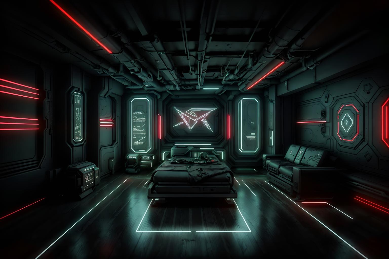 cyberpunk-style (attic interior) . with strong geometric walls and synthetic objects and minimalist and bladerunner style and military uniforms and gear and dark night and color lights glow and clean straight square lines. . cinematic photo, highly detailed, cinematic lighting, ultra-detailed, ultrarealistic, photorealism, 8k. cyberpunk interior design style. masterpiece, cinematic light, ultrarealistic+, photorealistic+, 8k, raw photo, realistic, sharp focus on eyes, (symmetrical eyes), (intact eyes), hyperrealistic, highest quality, best quality, , highly detailed, masterpiece, best quality, extremely detailed 8k wallpaper, masterpiece, best quality, ultra-detailed, best shadow, detailed background, detailed face, detailed eyes, high contrast, best illumination, detailed face, dulux, caustic, dynamic angle, detailed glow. dramatic lighting. highly detailed, insanely detailed hair, symmetrical, intricate details, professionally retouched, 8k high definition. strong bokeh. award winning photo.