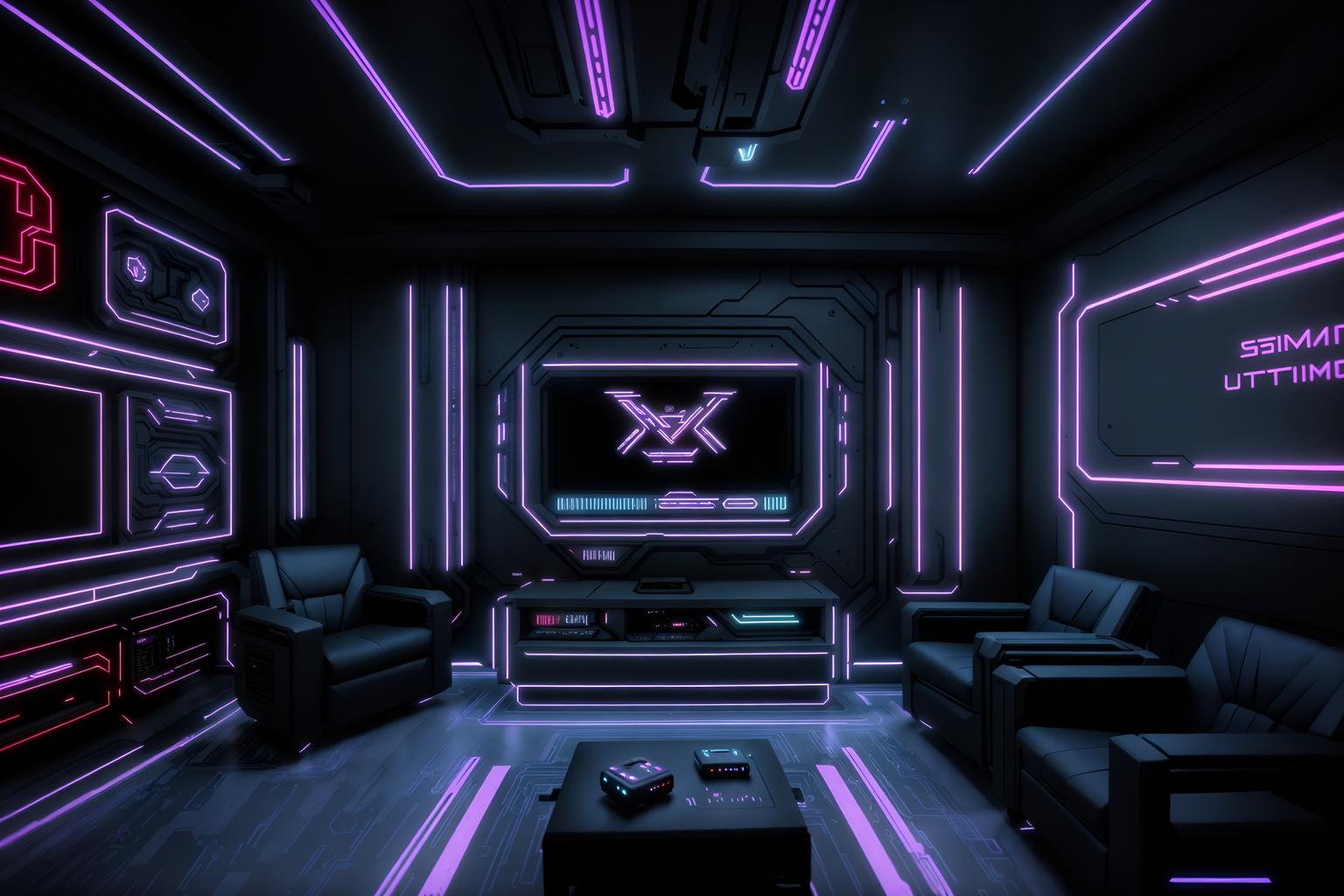 cyberpunk-style (gaming room interior) . with minimalist and futuristic cybernetic city and black lights and synthetic objects and led lights and bladerunner style and synthwave and cyberpunk style. . cinematic photo, highly detailed, cinematic lighting, ultra-detailed, ultrarealistic, photorealism, 8k. cyberpunk interior design style. masterpiece, cinematic light, ultrarealistic+, photorealistic+, 8k, raw photo, realistic, sharp focus on eyes, (symmetrical eyes), (intact eyes), hyperrealistic, highest quality, best quality, , highly detailed, masterpiece, best quality, extremely detailed 8k wallpaper, masterpiece, best quality, ultra-detailed, best shadow, detailed background, detailed face, detailed eyes, high contrast, best illumination, detailed face, dulux, caustic, dynamic angle, detailed glow. dramatic lighting. highly detailed, insanely detailed hair, symmetrical, intricate details, professionally retouched, 8k high definition. strong bokeh. award winning photo.
