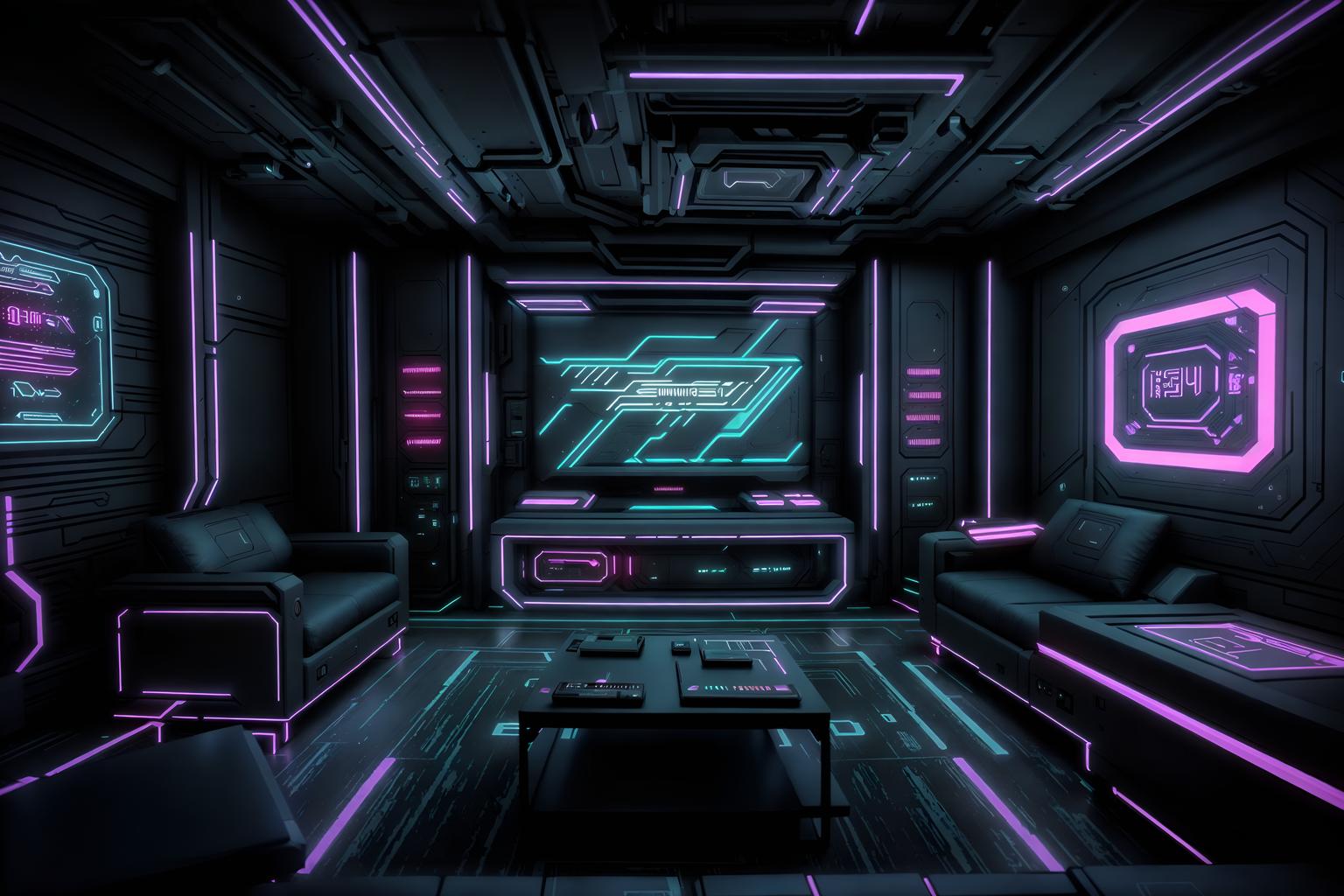 cyberpunk-style (gaming room interior) . with minimalist and futuristic cybernetic city and black lights and synthetic objects and led lights and bladerunner style and synthwave and cyberpunk style. . cinematic photo, highly detailed, cinematic lighting, ultra-detailed, ultrarealistic, photorealism, 8k. cyberpunk interior design style. masterpiece, cinematic light, ultrarealistic+, photorealistic+, 8k, raw photo, realistic, sharp focus on eyes, (symmetrical eyes), (intact eyes), hyperrealistic, highest quality, best quality, , highly detailed, masterpiece, best quality, extremely detailed 8k wallpaper, masterpiece, best quality, ultra-detailed, best shadow, detailed background, detailed face, detailed eyes, high contrast, best illumination, detailed face, dulux, caustic, dynamic angle, detailed glow. dramatic lighting. highly detailed, insanely detailed hair, symmetrical, intricate details, professionally retouched, 8k high definition. strong bokeh. award winning photo.