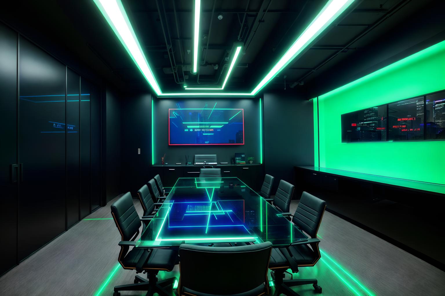 cyberpunk-style (meeting room interior) with vase and painting or photo on wall and office chairs and boardroom table and glass doors and plant and glass walls and cabinets. . with military uniforms and gear and color lights glow and cyberpunk lights and strong geometric walls and black lights and led lights and synthwave and cyberpunk lights. . cinematic photo, highly detailed, cinematic lighting, ultra-detailed, ultrarealistic, photorealism, 8k. cyberpunk interior design style. masterpiece, cinematic light, ultrarealistic+, photorealistic+, 8k, raw photo, realistic, sharp focus on eyes, (symmetrical eyes), (intact eyes), hyperrealistic, highest quality, best quality, , highly detailed, masterpiece, best quality, extremely detailed 8k wallpaper, masterpiece, best quality, ultra-detailed, best shadow, detailed background, detailed face, detailed eyes, high contrast, best illumination, detailed face, dulux, caustic, dynamic angle, detailed glow. dramatic lighting. highly detailed, insanely detailed hair, symmetrical, intricate details, professionally retouched, 8k high definition. strong bokeh. award winning photo.