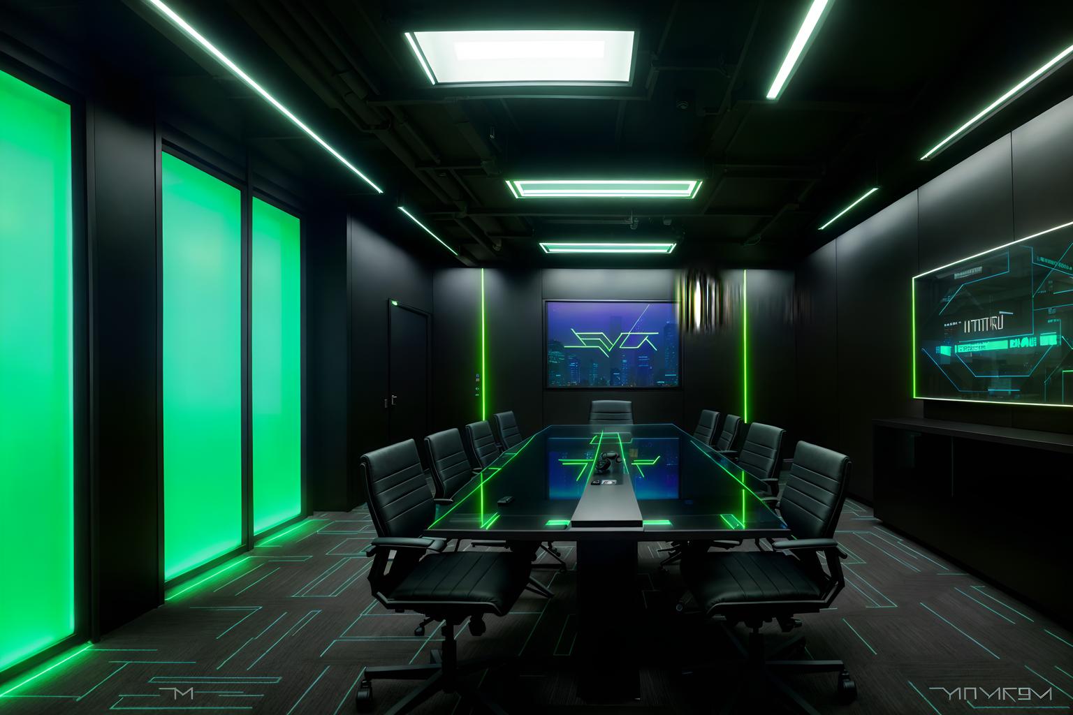 cyberpunk-style (meeting room interior) with vase and painting or photo on wall and office chairs and boardroom table and glass doors and plant and glass walls and cabinets. . with military uniforms and gear and color lights glow and cyberpunk lights and strong geometric walls and black lights and led lights and synthwave and cyberpunk lights. . cinematic photo, highly detailed, cinematic lighting, ultra-detailed, ultrarealistic, photorealism, 8k. cyberpunk interior design style. masterpiece, cinematic light, ultrarealistic+, photorealistic+, 8k, raw photo, realistic, sharp focus on eyes, (symmetrical eyes), (intact eyes), hyperrealistic, highest quality, best quality, , highly detailed, masterpiece, best quality, extremely detailed 8k wallpaper, masterpiece, best quality, ultra-detailed, best shadow, detailed background, detailed face, detailed eyes, high contrast, best illumination, detailed face, dulux, caustic, dynamic angle, detailed glow. dramatic lighting. highly detailed, insanely detailed hair, symmetrical, intricate details, professionally retouched, 8k high definition. strong bokeh. award winning photo.