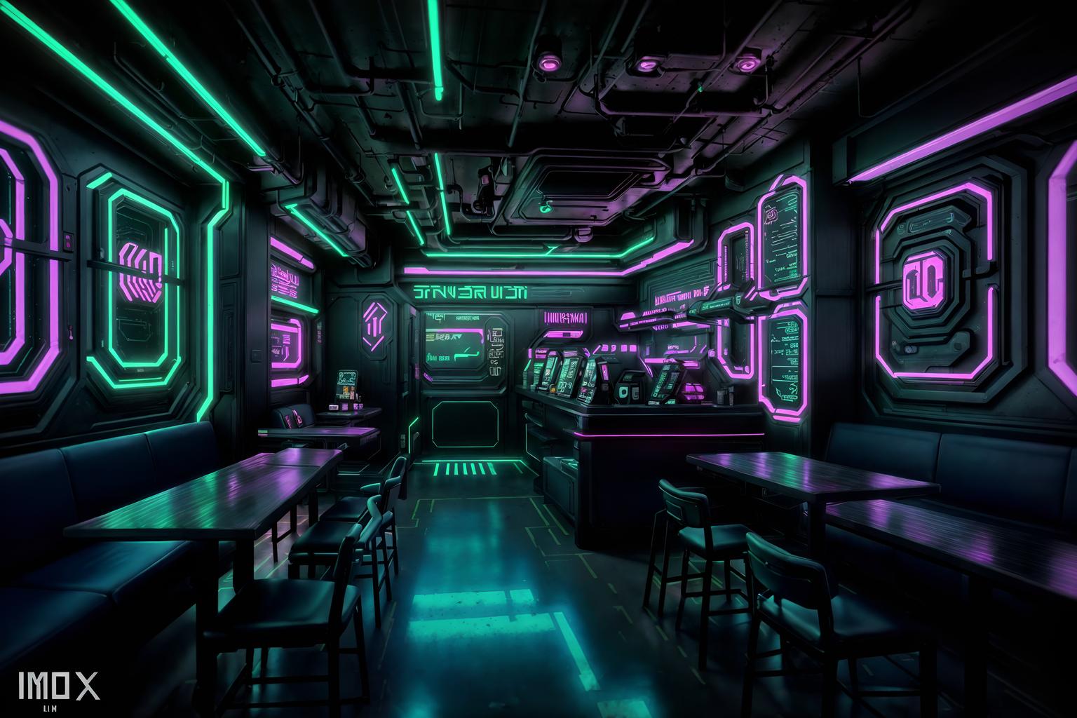 cyberpunk-style (coffee shop interior) . with bladerunner lights and color lights glow and synthwave and surrealist paintings and cyberpunk lights and minimalist and synthetic objects and futuristic cybernetic details. . cinematic photo, highly detailed, cinematic lighting, ultra-detailed, ultrarealistic, photorealism, 8k. cyberpunk interior design style. masterpiece, cinematic light, ultrarealistic+, photorealistic+, 8k, raw photo, realistic, sharp focus on eyes, (symmetrical eyes), (intact eyes), hyperrealistic, highest quality, best quality, , highly detailed, masterpiece, best quality, extremely detailed 8k wallpaper, masterpiece, best quality, ultra-detailed, best shadow, detailed background, detailed face, detailed eyes, high contrast, best illumination, detailed face, dulux, caustic, dynamic angle, detailed glow. dramatic lighting. highly detailed, insanely detailed hair, symmetrical, intricate details, professionally retouched, 8k high definition. strong bokeh. award winning photo.