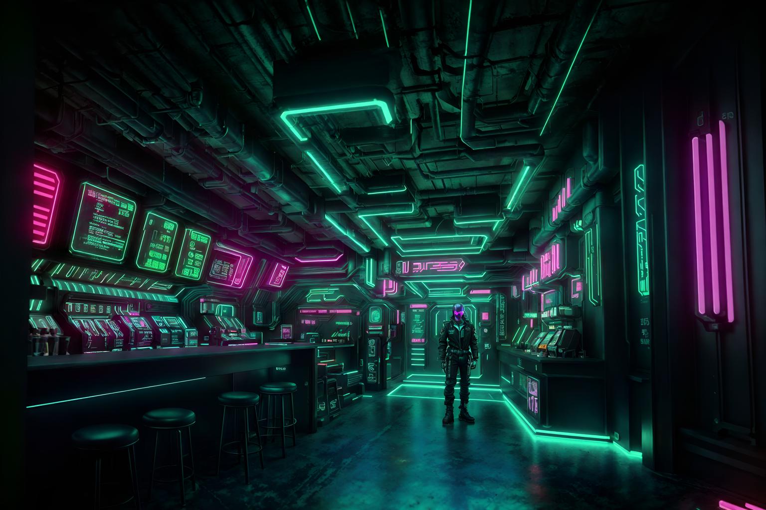cyberpunk-style (coffee shop interior) . with bladerunner lights and color lights glow and synthwave and surrealist paintings and cyberpunk lights and minimalist and synthetic objects and futuristic cybernetic details. . cinematic photo, highly detailed, cinematic lighting, ultra-detailed, ultrarealistic, photorealism, 8k. cyberpunk interior design style. masterpiece, cinematic light, ultrarealistic+, photorealistic+, 8k, raw photo, realistic, sharp focus on eyes, (symmetrical eyes), (intact eyes), hyperrealistic, highest quality, best quality, , highly detailed, masterpiece, best quality, extremely detailed 8k wallpaper, masterpiece, best quality, ultra-detailed, best shadow, detailed background, detailed face, detailed eyes, high contrast, best illumination, detailed face, dulux, caustic, dynamic angle, detailed glow. dramatic lighting. highly detailed, insanely detailed hair, symmetrical, intricate details, professionally retouched, 8k high definition. strong bokeh. award winning photo.