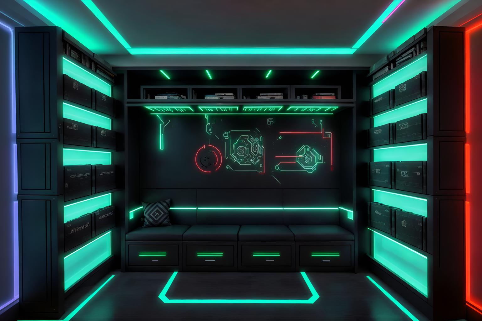 cyberpunk-style (drop zone interior) with storage drawers and lockers and high up storage and cubbies and shelves for shoes and cabinets and wall hooks for coats and a bench. . with color lights glow and bladerunner lights and futuristic cybernetic details and bladerunner style and synthetic objects and cyberpunk lights and strong geometric walls and surrealist paintings. . cinematic photo, highly detailed, cinematic lighting, ultra-detailed, ultrarealistic, photorealism, 8k. cyberpunk interior design style. masterpiece, cinematic light, ultrarealistic+, photorealistic+, 8k, raw photo, realistic, sharp focus on eyes, (symmetrical eyes), (intact eyes), hyperrealistic, highest quality, best quality, , highly detailed, masterpiece, best quality, extremely detailed 8k wallpaper, masterpiece, best quality, ultra-detailed, best shadow, detailed background, detailed face, detailed eyes, high contrast, best illumination, detailed face, dulux, caustic, dynamic angle, detailed glow. dramatic lighting. highly detailed, insanely detailed hair, symmetrical, intricate details, professionally retouched, 8k high definition. strong bokeh. award winning photo.