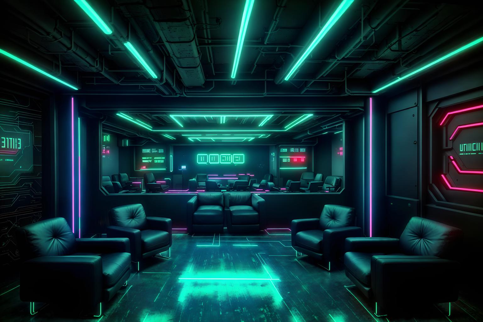 cyberpunk-style (coworking space interior) with lounge chairs and seating area with sofa and office chairs and office desks and lounge chairs. . with bladerunner lights and led lights and military uniforms and gear and color lights glow and clean straight square lines and minimalist and synthwave and futuristic cybernetic city. . cinematic photo, highly detailed, cinematic lighting, ultra-detailed, ultrarealistic, photorealism, 8k. cyberpunk interior design style. masterpiece, cinematic light, ultrarealistic+, photorealistic+, 8k, raw photo, realistic, sharp focus on eyes, (symmetrical eyes), (intact eyes), hyperrealistic, highest quality, best quality, , highly detailed, masterpiece, best quality, extremely detailed 8k wallpaper, masterpiece, best quality, ultra-detailed, best shadow, detailed background, detailed face, detailed eyes, high contrast, best illumination, detailed face, dulux, caustic, dynamic angle, detailed glow. dramatic lighting. highly detailed, insanely detailed hair, symmetrical, intricate details, professionally retouched, 8k high definition. strong bokeh. award winning photo.