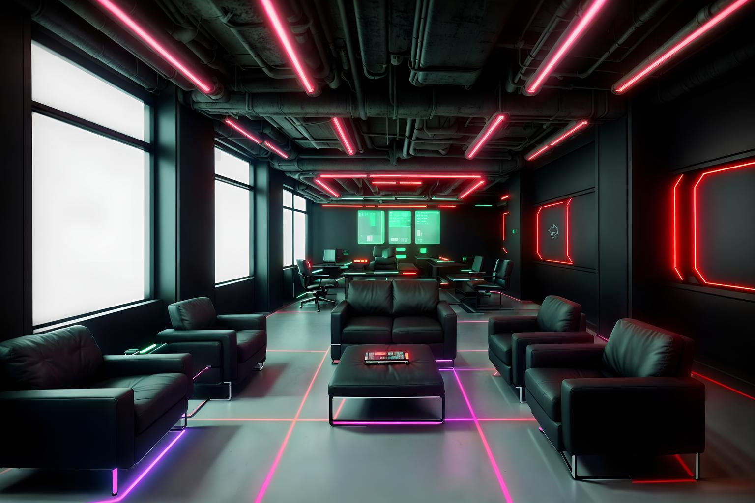 cyberpunk-style (coworking space interior) with lounge chairs and seating area with sofa and office chairs and office desks and lounge chairs. . with bladerunner lights and led lights and military uniforms and gear and color lights glow and clean straight square lines and minimalist and synthwave and futuristic cybernetic city. . cinematic photo, highly detailed, cinematic lighting, ultra-detailed, ultrarealistic, photorealism, 8k. cyberpunk interior design style. masterpiece, cinematic light, ultrarealistic+, photorealistic+, 8k, raw photo, realistic, sharp focus on eyes, (symmetrical eyes), (intact eyes), hyperrealistic, highest quality, best quality, , highly detailed, masterpiece, best quality, extremely detailed 8k wallpaper, masterpiece, best quality, ultra-detailed, best shadow, detailed background, detailed face, detailed eyes, high contrast, best illumination, detailed face, dulux, caustic, dynamic angle, detailed glow. dramatic lighting. highly detailed, insanely detailed hair, symmetrical, intricate details, professionally retouched, 8k high definition. strong bokeh. award winning photo.