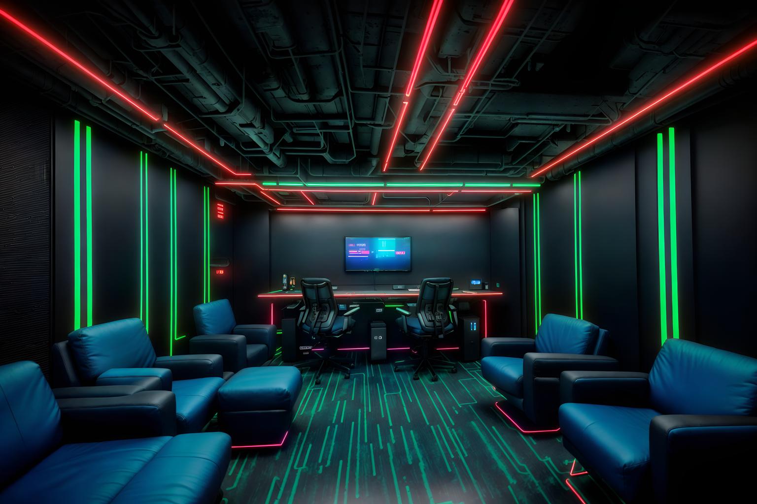 cyberpunk-style (coworking space interior) with lounge chairs and seating area with sofa and office chairs and office desks and lounge chairs. . with bladerunner lights and led lights and military uniforms and gear and color lights glow and clean straight square lines and minimalist and synthwave and futuristic cybernetic city. . cinematic photo, highly detailed, cinematic lighting, ultra-detailed, ultrarealistic, photorealism, 8k. cyberpunk interior design style. masterpiece, cinematic light, ultrarealistic+, photorealistic+, 8k, raw photo, realistic, sharp focus on eyes, (symmetrical eyes), (intact eyes), hyperrealistic, highest quality, best quality, , highly detailed, masterpiece, best quality, extremely detailed 8k wallpaper, masterpiece, best quality, ultra-detailed, best shadow, detailed background, detailed face, detailed eyes, high contrast, best illumination, detailed face, dulux, caustic, dynamic angle, detailed glow. dramatic lighting. highly detailed, insanely detailed hair, symmetrical, intricate details, professionally retouched, 8k high definition. strong bokeh. award winning photo.