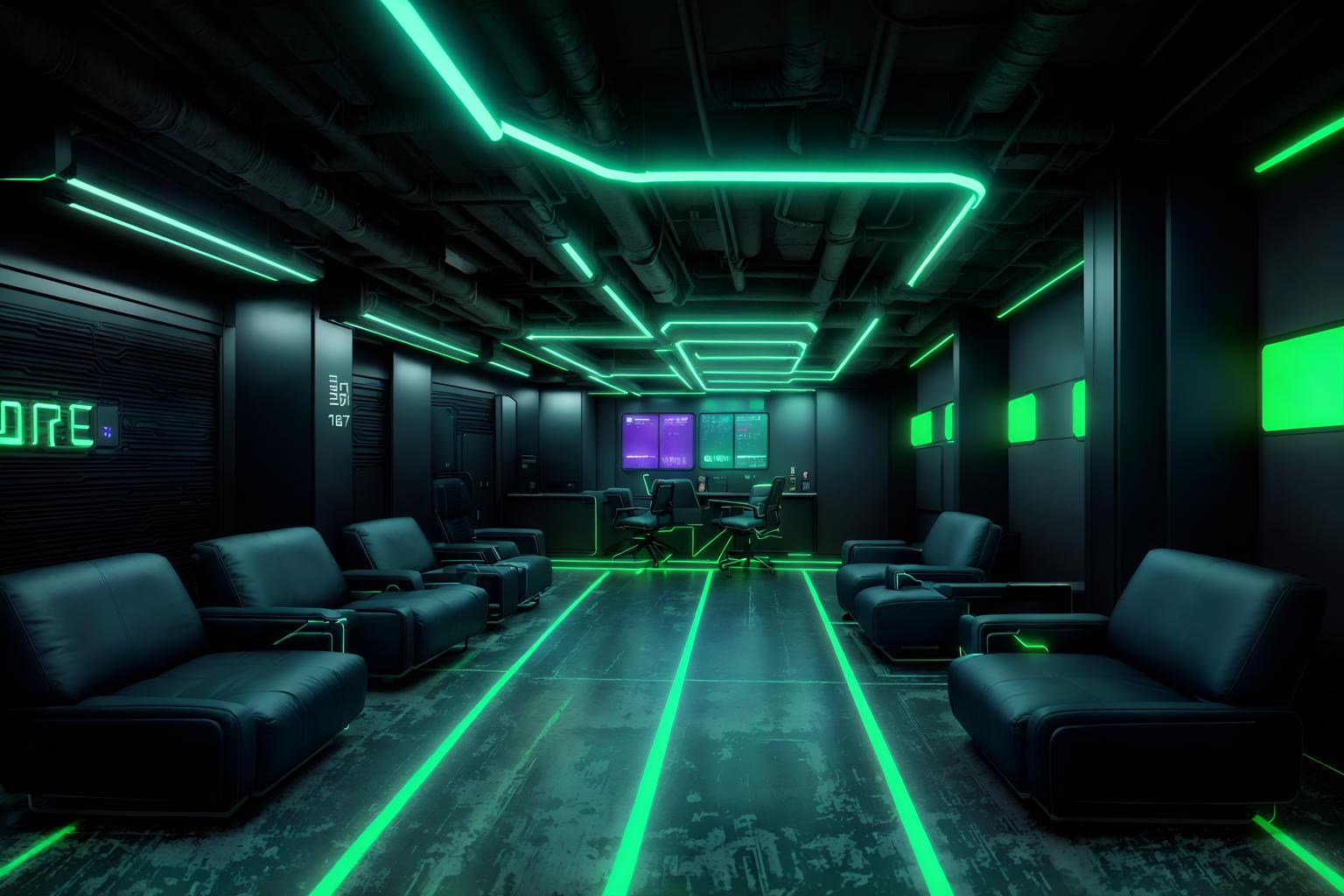 cyberpunk-style (coworking space interior) with lounge chairs and seating area with sofa and office chairs and office desks and lounge chairs. . with bladerunner lights and led lights and military uniforms and gear and color lights glow and clean straight square lines and minimalist and synthwave and futuristic cybernetic city. . cinematic photo, highly detailed, cinematic lighting, ultra-detailed, ultrarealistic, photorealism, 8k. cyberpunk interior design style. masterpiece, cinematic light, ultrarealistic+, photorealistic+, 8k, raw photo, realistic, sharp focus on eyes, (symmetrical eyes), (intact eyes), hyperrealistic, highest quality, best quality, , highly detailed, masterpiece, best quality, extremely detailed 8k wallpaper, masterpiece, best quality, ultra-detailed, best shadow, detailed background, detailed face, detailed eyes, high contrast, best illumination, detailed face, dulux, caustic, dynamic angle, detailed glow. dramatic lighting. highly detailed, insanely detailed hair, symmetrical, intricate details, professionally retouched, 8k high definition. strong bokeh. award winning photo.