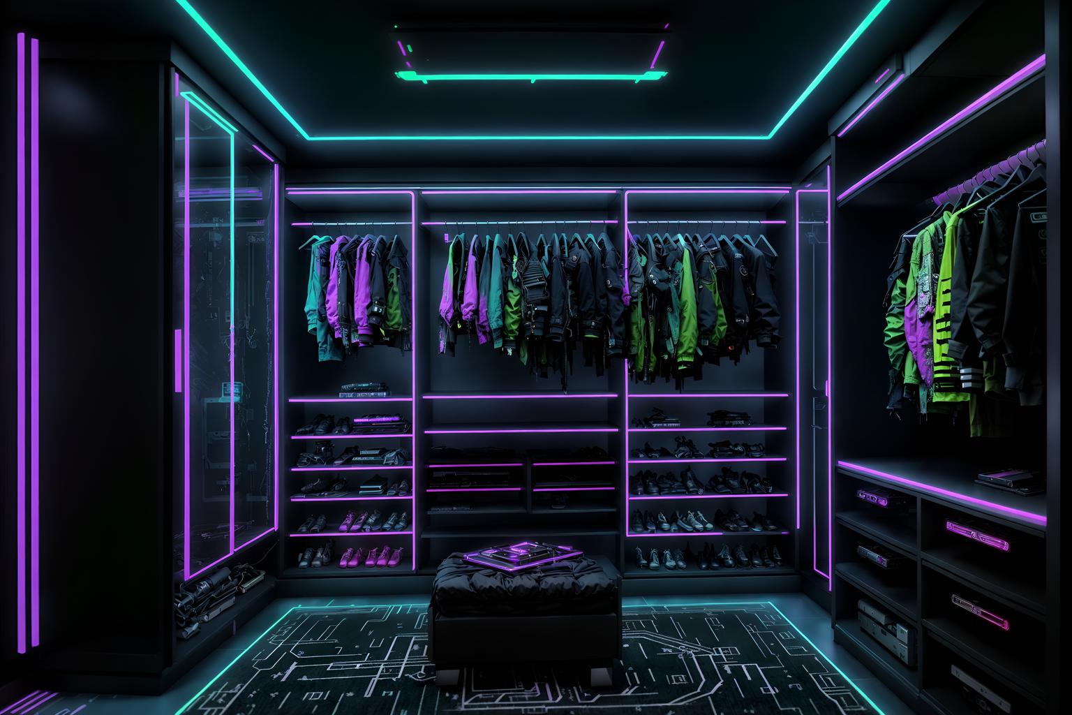 cyberpunk-style (walk in closet interior) . with black lights and military uniforms and gear and surrealist paintings and bladerunner lights and synthwave and cyberpunk lights and futuristic cybernetic city and cyberpunk lights. . cinematic photo, highly detailed, cinematic lighting, ultra-detailed, ultrarealistic, photorealism, 8k. cyberpunk interior design style. masterpiece, cinematic light, ultrarealistic+, photorealistic+, 8k, raw photo, realistic, sharp focus on eyes, (symmetrical eyes), (intact eyes), hyperrealistic, highest quality, best quality, , highly detailed, masterpiece, best quality, extremely detailed 8k wallpaper, masterpiece, best quality, ultra-detailed, best shadow, detailed background, detailed face, detailed eyes, high contrast, best illumination, detailed face, dulux, caustic, dynamic angle, detailed glow. dramatic lighting. highly detailed, insanely detailed hair, symmetrical, intricate details, professionally retouched, 8k high definition. strong bokeh. award winning photo.