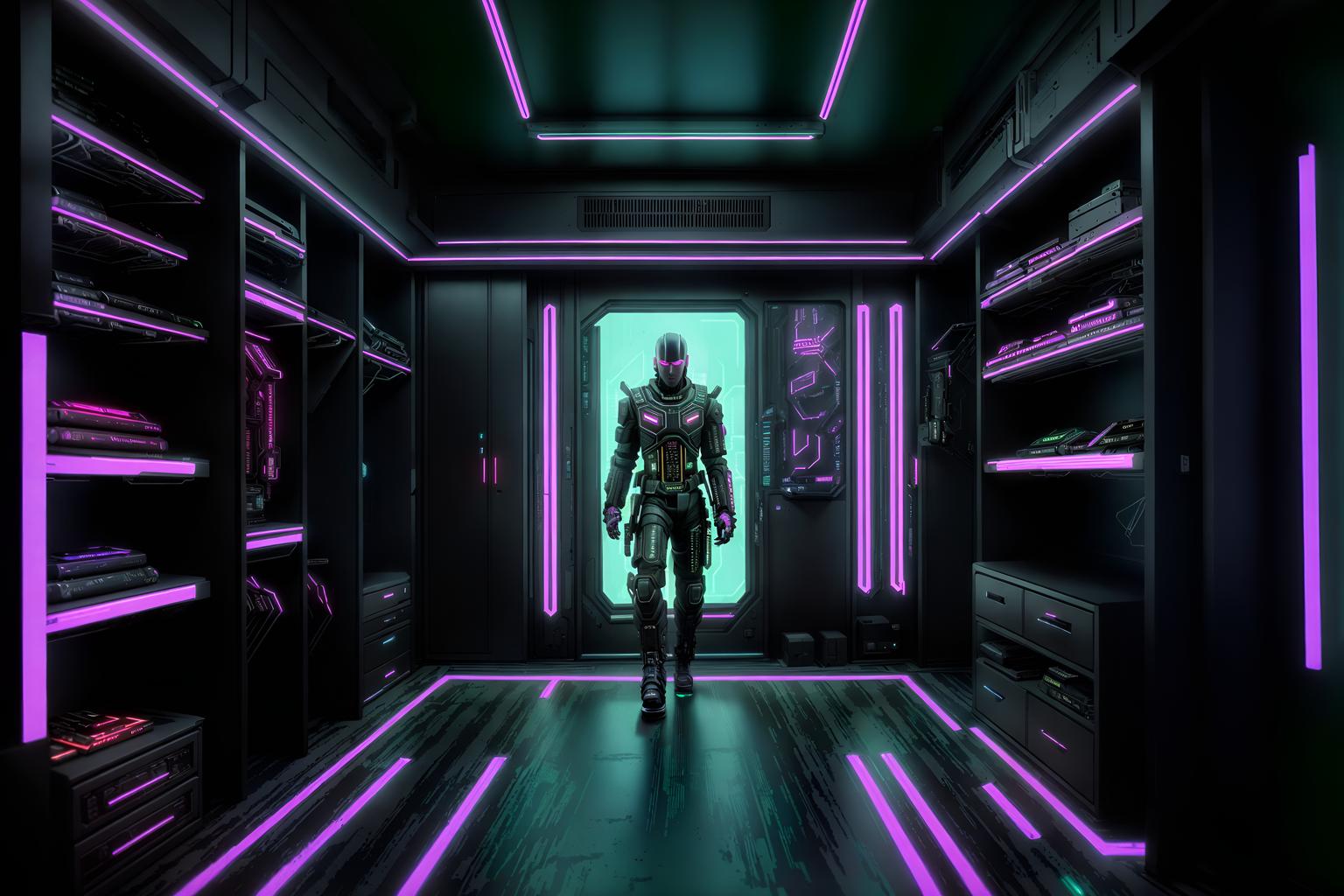 cyberpunk-style (walk in closet interior) . with black lights and military uniforms and gear and surrealist paintings and bladerunner lights and synthwave and cyberpunk lights and futuristic cybernetic city and cyberpunk lights. . cinematic photo, highly detailed, cinematic lighting, ultra-detailed, ultrarealistic, photorealism, 8k. cyberpunk interior design style. masterpiece, cinematic light, ultrarealistic+, photorealistic+, 8k, raw photo, realistic, sharp focus on eyes, (symmetrical eyes), (intact eyes), hyperrealistic, highest quality, best quality, , highly detailed, masterpiece, best quality, extremely detailed 8k wallpaper, masterpiece, best quality, ultra-detailed, best shadow, detailed background, detailed face, detailed eyes, high contrast, best illumination, detailed face, dulux, caustic, dynamic angle, detailed glow. dramatic lighting. highly detailed, insanely detailed hair, symmetrical, intricate details, professionally retouched, 8k high definition. strong bokeh. award winning photo.