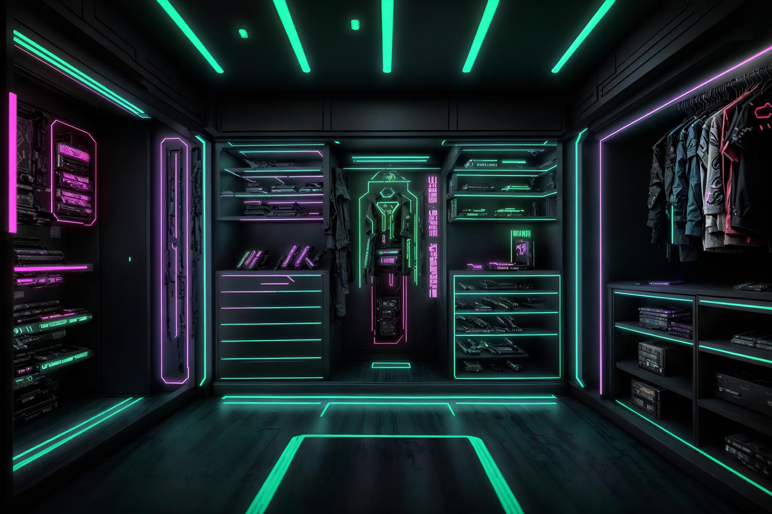 cyberpunk-style (walk in closet interior) . with black lights and military uniforms and gear and surrealist paintings and bladerunner lights and synthwave and cyberpunk lights and futuristic cybernetic city and cyberpunk lights. . cinematic photo, highly detailed, cinematic lighting, ultra-detailed, ultrarealistic, photorealism, 8k. cyberpunk interior design style. masterpiece, cinematic light, ultrarealistic+, photorealistic+, 8k, raw photo, realistic, sharp focus on eyes, (symmetrical eyes), (intact eyes), hyperrealistic, highest quality, best quality, , highly detailed, masterpiece, best quality, extremely detailed 8k wallpaper, masterpiece, best quality, ultra-detailed, best shadow, detailed background, detailed face, detailed eyes, high contrast, best illumination, detailed face, dulux, caustic, dynamic angle, detailed glow. dramatic lighting. highly detailed, insanely detailed hair, symmetrical, intricate details, professionally retouched, 8k high definition. strong bokeh. award winning photo.