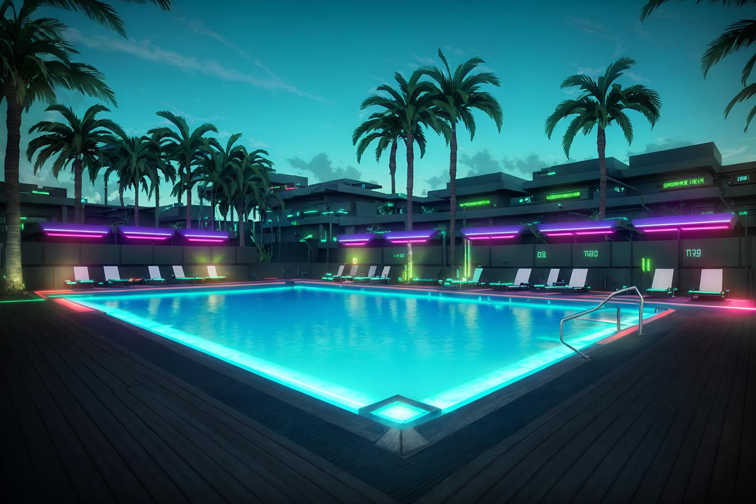 cyberpunk-style designed (outdoor pool area ) with pool lounge chairs and pool and pool lights and pool lounge chairs. . with color lights glow and strong geometric walls and cyberpunk style and cyberpunk lights and cyberpunk lights and synthwave and military uniforms and gear and dark night. . cinematic photo, highly detailed, cinematic lighting, ultra-detailed, ultrarealistic, photorealism, 8k. cyberpunk design style. masterpiece, cinematic light, ultrarealistic+, photorealistic+, 8k, raw photo, realistic, sharp focus on eyes, (symmetrical eyes), (intact eyes), hyperrealistic, highest quality, best quality, , highly detailed, masterpiece, best quality, extremely detailed 8k wallpaper, masterpiece, best quality, ultra-detailed, best shadow, detailed background, detailed face, detailed eyes, high contrast, best illumination, detailed face, dulux, caustic, dynamic angle, detailed glow. dramatic lighting. highly detailed, insanely detailed hair, symmetrical, intricate details, professionally retouched, 8k high definition. strong bokeh. award winning photo.