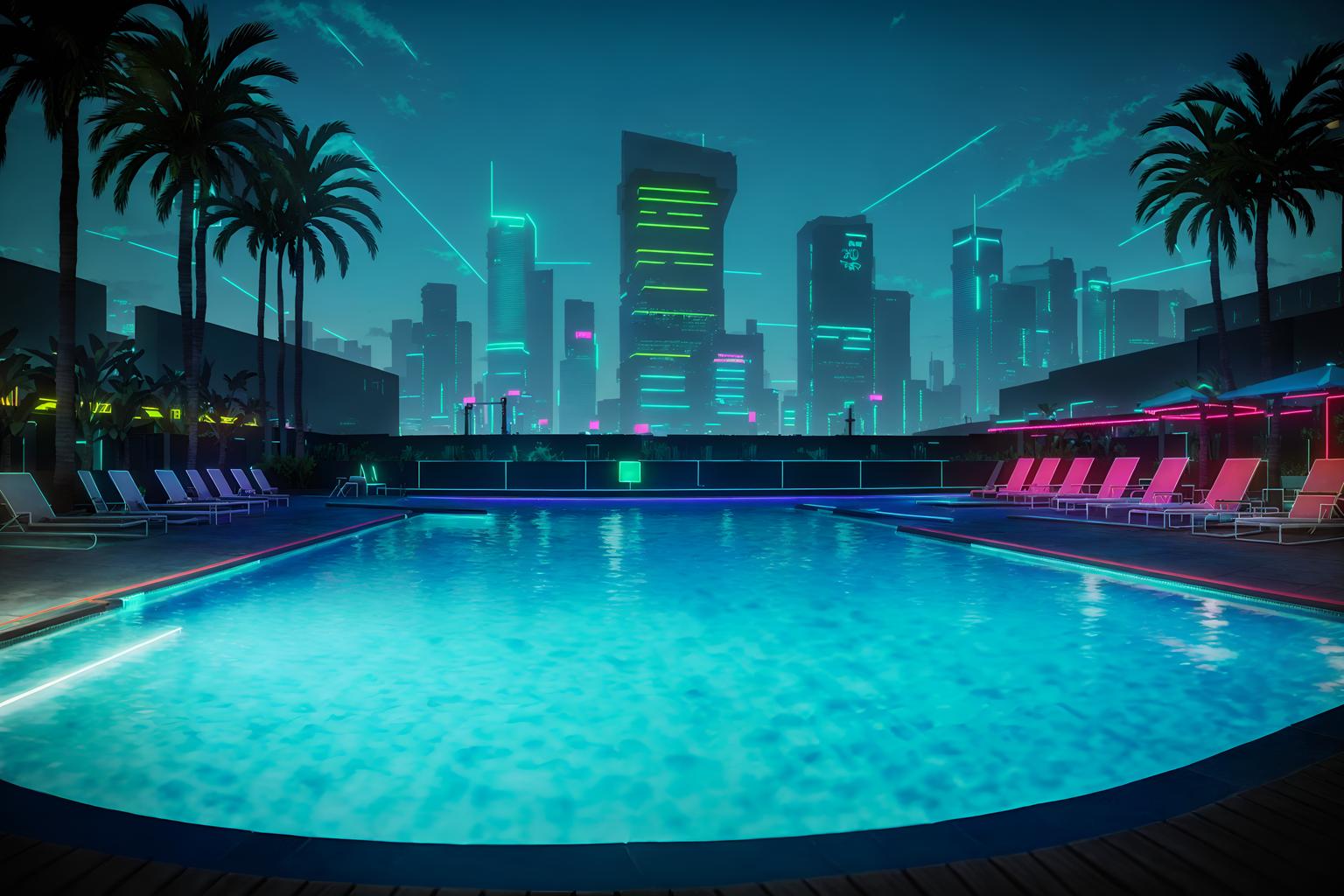 cyberpunk-style designed (outdoor pool area ) with pool lounge chairs and pool and pool lights and pool lounge chairs. . with color lights glow and strong geometric walls and cyberpunk style and cyberpunk lights and cyberpunk lights and synthwave and military uniforms and gear and dark night. . cinematic photo, highly detailed, cinematic lighting, ultra-detailed, ultrarealistic, photorealism, 8k. cyberpunk design style. masterpiece, cinematic light, ultrarealistic+, photorealistic+, 8k, raw photo, realistic, sharp focus on eyes, (symmetrical eyes), (intact eyes), hyperrealistic, highest quality, best quality, , highly detailed, masterpiece, best quality, extremely detailed 8k wallpaper, masterpiece, best quality, ultra-detailed, best shadow, detailed background, detailed face, detailed eyes, high contrast, best illumination, detailed face, dulux, caustic, dynamic angle, detailed glow. dramatic lighting. highly detailed, insanely detailed hair, symmetrical, intricate details, professionally retouched, 8k high definition. strong bokeh. award winning photo.