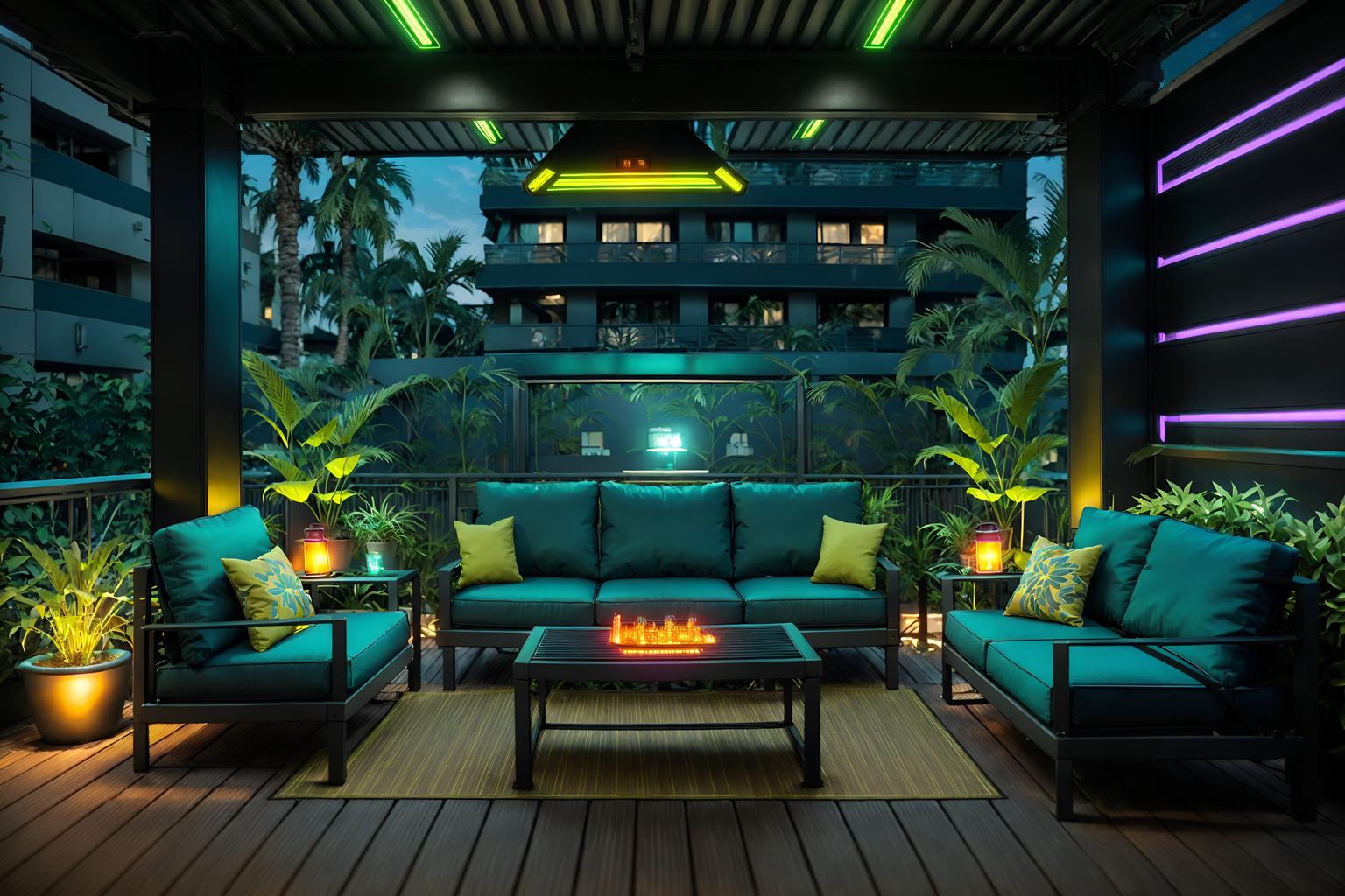 cyberpunk-style designed (outdoor patio ) with patio couch with pillows and grass and deck with deck chairs and barbeque or grill and plant and patio couch with pillows. . with color lights glow and led lights and bladerunner lights and synthwave and synthetic objects and dark night and military uniforms and gear and strong geometric walls. . cinematic photo, highly detailed, cinematic lighting, ultra-detailed, ultrarealistic, photorealism, 8k. cyberpunk design style. masterpiece, cinematic light, ultrarealistic+, photorealistic+, 8k, raw photo, realistic, sharp focus on eyes, (symmetrical eyes), (intact eyes), hyperrealistic, highest quality, best quality, , highly detailed, masterpiece, best quality, extremely detailed 8k wallpaper, masterpiece, best quality, ultra-detailed, best shadow, detailed background, detailed face, detailed eyes, high contrast, best illumination, detailed face, dulux, caustic, dynamic angle, detailed glow. dramatic lighting. highly detailed, insanely detailed hair, symmetrical, intricate details, professionally retouched, 8k high definition. strong bokeh. award winning photo.