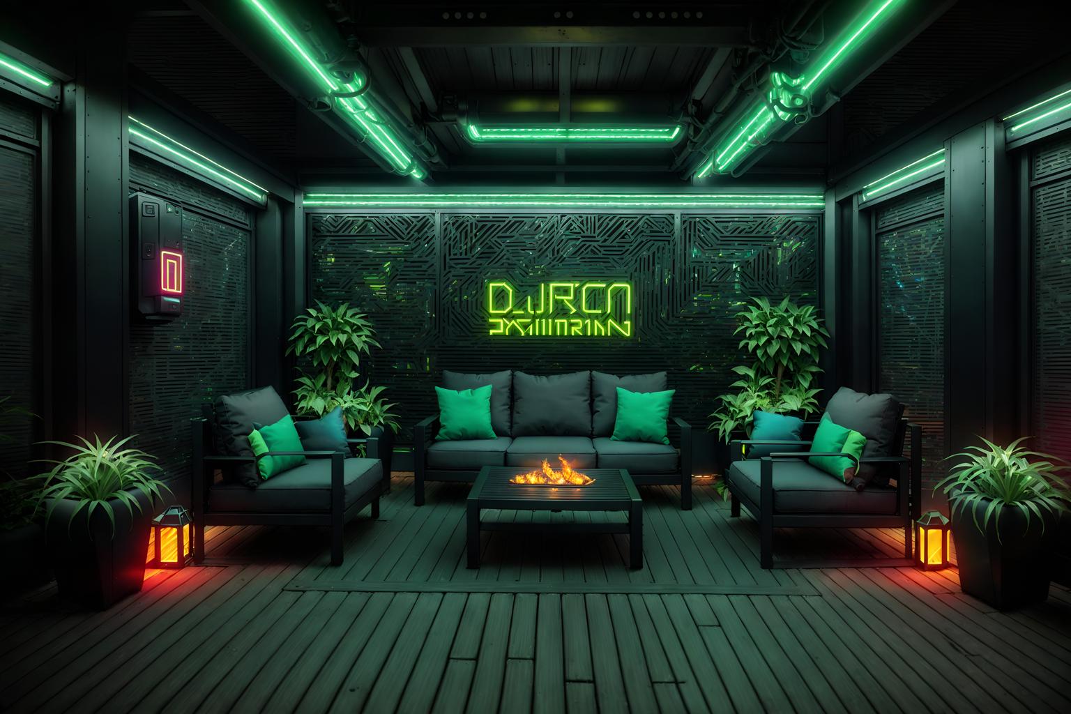 cyberpunk-style designed (outdoor patio ) with patio couch with pillows and grass and deck with deck chairs and barbeque or grill and plant and patio couch with pillows. . with color lights glow and led lights and bladerunner lights and synthwave and synthetic objects and dark night and military uniforms and gear and strong geometric walls. . cinematic photo, highly detailed, cinematic lighting, ultra-detailed, ultrarealistic, photorealism, 8k. cyberpunk design style. masterpiece, cinematic light, ultrarealistic+, photorealistic+, 8k, raw photo, realistic, sharp focus on eyes, (symmetrical eyes), (intact eyes), hyperrealistic, highest quality, best quality, , highly detailed, masterpiece, best quality, extremely detailed 8k wallpaper, masterpiece, best quality, ultra-detailed, best shadow, detailed background, detailed face, detailed eyes, high contrast, best illumination, detailed face, dulux, caustic, dynamic angle, detailed glow. dramatic lighting. highly detailed, insanely detailed hair, symmetrical, intricate details, professionally retouched, 8k high definition. strong bokeh. award winning photo.