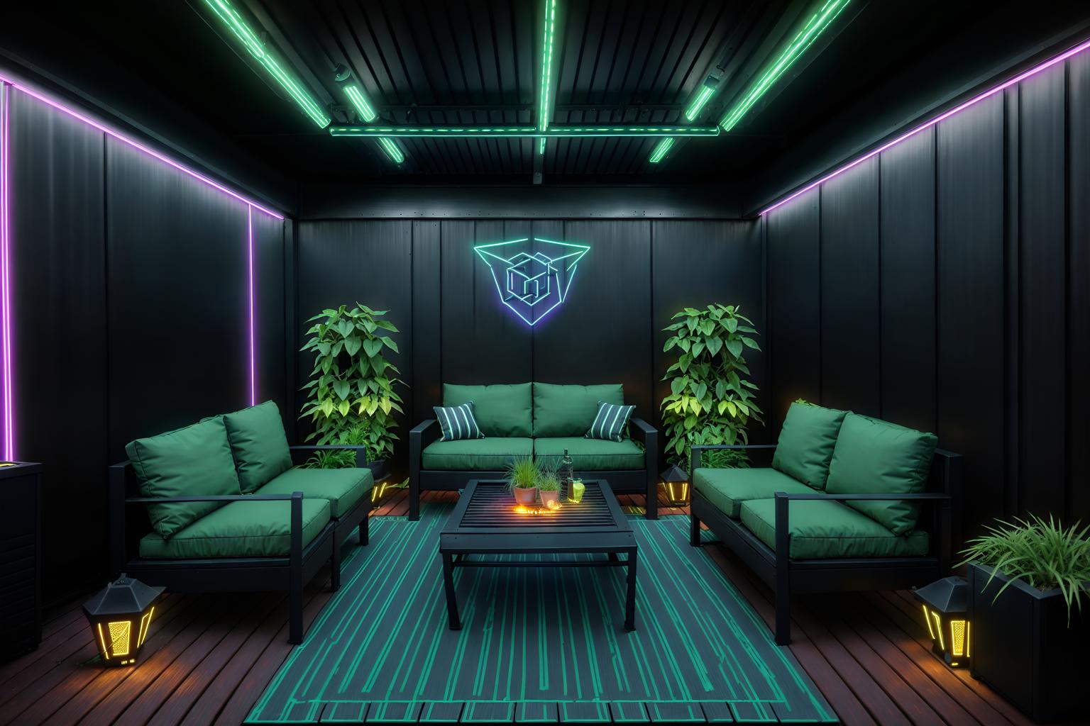 cyberpunk-style designed (outdoor patio ) with patio couch with pillows and grass and deck with deck chairs and barbeque or grill and plant and patio couch with pillows. . with color lights glow and led lights and bladerunner lights and synthwave and synthetic objects and dark night and military uniforms and gear and strong geometric walls. . cinematic photo, highly detailed, cinematic lighting, ultra-detailed, ultrarealistic, photorealism, 8k. cyberpunk design style. masterpiece, cinematic light, ultrarealistic+, photorealistic+, 8k, raw photo, realistic, sharp focus on eyes, (symmetrical eyes), (intact eyes), hyperrealistic, highest quality, best quality, , highly detailed, masterpiece, best quality, extremely detailed 8k wallpaper, masterpiece, best quality, ultra-detailed, best shadow, detailed background, detailed face, detailed eyes, high contrast, best illumination, detailed face, dulux, caustic, dynamic angle, detailed glow. dramatic lighting. highly detailed, insanely detailed hair, symmetrical, intricate details, professionally retouched, 8k high definition. strong bokeh. award winning photo.