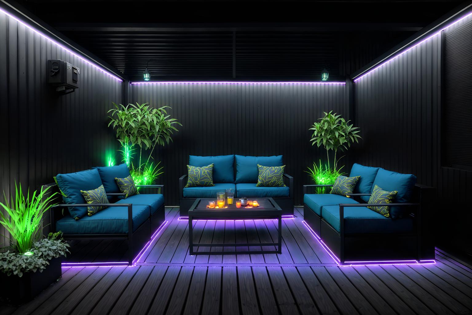 cyberpunk-style designed (outdoor patio ) with patio couch with pillows and grass and deck with deck chairs and barbeque or grill and plant and patio couch with pillows. . with color lights glow and led lights and bladerunner lights and synthwave and synthetic objects and dark night and military uniforms and gear and strong geometric walls. . cinematic photo, highly detailed, cinematic lighting, ultra-detailed, ultrarealistic, photorealism, 8k. cyberpunk design style. masterpiece, cinematic light, ultrarealistic+, photorealistic+, 8k, raw photo, realistic, sharp focus on eyes, (symmetrical eyes), (intact eyes), hyperrealistic, highest quality, best quality, , highly detailed, masterpiece, best quality, extremely detailed 8k wallpaper, masterpiece, best quality, ultra-detailed, best shadow, detailed background, detailed face, detailed eyes, high contrast, best illumination, detailed face, dulux, caustic, dynamic angle, detailed glow. dramatic lighting. highly detailed, insanely detailed hair, symmetrical, intricate details, professionally retouched, 8k high definition. strong bokeh. award winning photo.