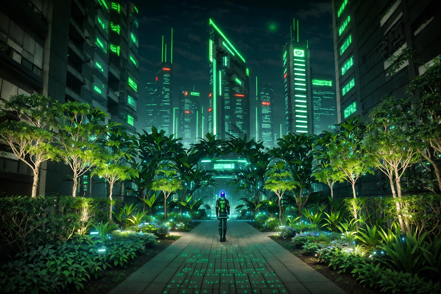 cyberpunk-style designed (outdoor garden ) with garden tree and garden plants and grass and garden tree. . with led lights and futuristic cybernetic details and futuristic cybernetic city and clean straight square lines and cyberpunk style and bladerunner style and minimalist and cyberpunk lights. . cinematic photo, highly detailed, cinematic lighting, ultra-detailed, ultrarealistic, photorealism, 8k. cyberpunk design style. masterpiece, cinematic light, ultrarealistic+, photorealistic+, 8k, raw photo, realistic, sharp focus on eyes, (symmetrical eyes), (intact eyes), hyperrealistic, highest quality, best quality, , highly detailed, masterpiece, best quality, extremely detailed 8k wallpaper, masterpiece, best quality, ultra-detailed, best shadow, detailed background, detailed face, detailed eyes, high contrast, best illumination, detailed face, dulux, caustic, dynamic angle, detailed glow. dramatic lighting. highly detailed, insanely detailed hair, symmetrical, intricate details, professionally retouched, 8k high definition. strong bokeh. award winning photo.