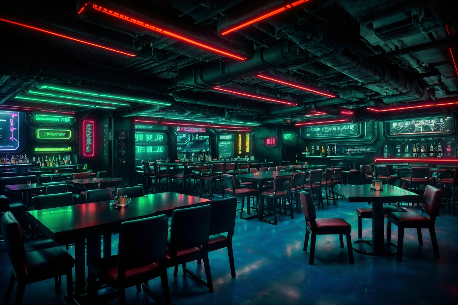 cyberpunk-style (restaurant interior) with restaurant chairs and restaurant bar and restaurant dining tables and restaurant decor and restaurant chairs. . with led lights and cyberpunk style and cyberpunk lights and futuristic cybernetic details and military uniforms and gear and color lights glow and bladerunner lights and cyberpunk lights. . cinematic photo, highly detailed, cinematic lighting, ultra-detailed, ultrarealistic, photorealism, 8k. cyberpunk interior design style. masterpiece, cinematic light, ultrarealistic+, photorealistic+, 8k, raw photo, realistic, sharp focus on eyes, (symmetrical eyes), (intact eyes), hyperrealistic, highest quality, best quality, , highly detailed, masterpiece, best quality, extremely detailed 8k wallpaper, masterpiece, best quality, ultra-detailed, best shadow, detailed background, detailed face, detailed eyes, high contrast, best illumination, detailed face, dulux, caustic, dynamic angle, detailed glow. dramatic lighting. highly detailed, insanely detailed hair, symmetrical, intricate details, professionally retouched, 8k high definition. strong bokeh. award winning photo.