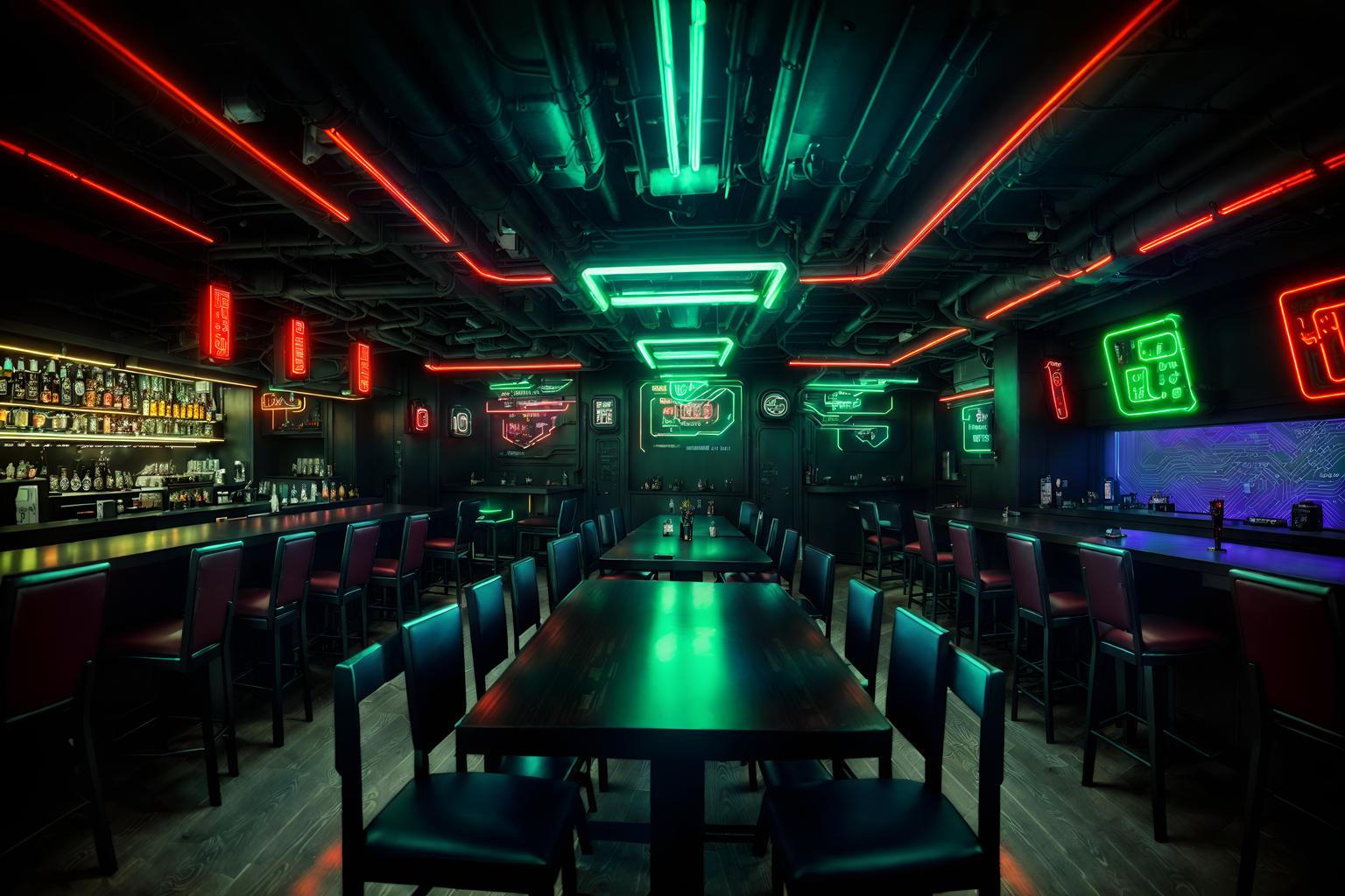 cyberpunk-style (restaurant interior) with restaurant chairs and restaurant bar and restaurant dining tables and restaurant decor and restaurant chairs. . with led lights and cyberpunk style and cyberpunk lights and futuristic cybernetic details and military uniforms and gear and color lights glow and bladerunner lights and cyberpunk lights. . cinematic photo, highly detailed, cinematic lighting, ultra-detailed, ultrarealistic, photorealism, 8k. cyberpunk interior design style. masterpiece, cinematic light, ultrarealistic+, photorealistic+, 8k, raw photo, realistic, sharp focus on eyes, (symmetrical eyes), (intact eyes), hyperrealistic, highest quality, best quality, , highly detailed, masterpiece, best quality, extremely detailed 8k wallpaper, masterpiece, best quality, ultra-detailed, best shadow, detailed background, detailed face, detailed eyes, high contrast, best illumination, detailed face, dulux, caustic, dynamic angle, detailed glow. dramatic lighting. highly detailed, insanely detailed hair, symmetrical, intricate details, professionally retouched, 8k high definition. strong bokeh. award winning photo.