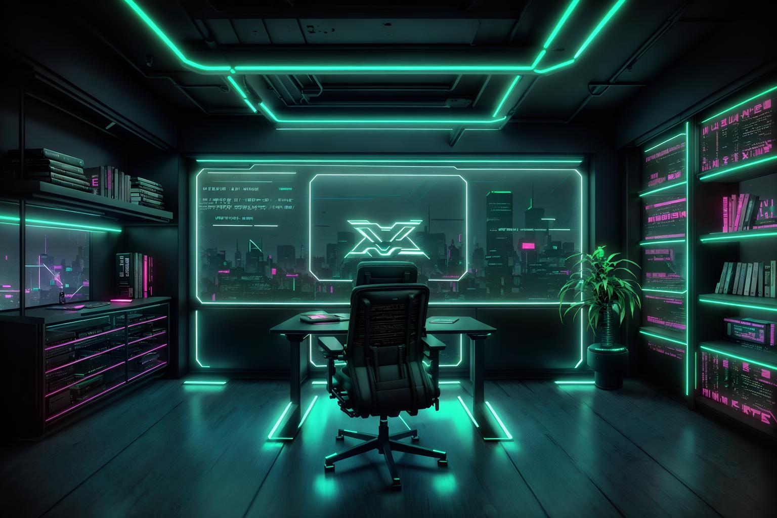 cyberpunk-style (study room interior) with office chair and writing desk and lounge chair and bookshelves and plant and desk lamp and cabinets and office chair. . with synthwave and cyberpunk lights and clean straight square lines and strong geometric walls and futuristic cybernetic city and bladerunner lights and cyberpunk style and futuristic cybernetic details. . cinematic photo, highly detailed, cinematic lighting, ultra-detailed, ultrarealistic, photorealism, 8k. cyberpunk interior design style. masterpiece, cinematic light, ultrarealistic+, photorealistic+, 8k, raw photo, realistic, sharp focus on eyes, (symmetrical eyes), (intact eyes), hyperrealistic, highest quality, best quality, , highly detailed, masterpiece, best quality, extremely detailed 8k wallpaper, masterpiece, best quality, ultra-detailed, best shadow, detailed background, detailed face, detailed eyes, high contrast, best illumination, detailed face, dulux, caustic, dynamic angle, detailed glow. dramatic lighting. highly detailed, insanely detailed hair, symmetrical, intricate details, professionally retouched, 8k high definition. strong bokeh. award winning photo.