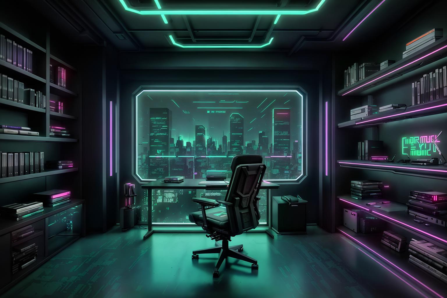 cyberpunk-style (study room interior) with office chair and writing desk and lounge chair and bookshelves and plant and desk lamp and cabinets and office chair. . with synthwave and cyberpunk lights and clean straight square lines and strong geometric walls and futuristic cybernetic city and bladerunner lights and cyberpunk style and futuristic cybernetic details. . cinematic photo, highly detailed, cinematic lighting, ultra-detailed, ultrarealistic, photorealism, 8k. cyberpunk interior design style. masterpiece, cinematic light, ultrarealistic+, photorealistic+, 8k, raw photo, realistic, sharp focus on eyes, (symmetrical eyes), (intact eyes), hyperrealistic, highest quality, best quality, , highly detailed, masterpiece, best quality, extremely detailed 8k wallpaper, masterpiece, best quality, ultra-detailed, best shadow, detailed background, detailed face, detailed eyes, high contrast, best illumination, detailed face, dulux, caustic, dynamic angle, detailed glow. dramatic lighting. highly detailed, insanely detailed hair, symmetrical, intricate details, professionally retouched, 8k high definition. strong bokeh. award winning photo.