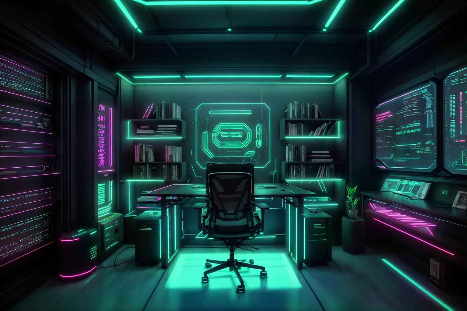 cyberpunk-style (study room interior) with office chair and writing desk and lounge chair and bookshelves and plant and desk lamp and cabinets and office chair. . with synthwave and cyberpunk lights and clean straight square lines and strong geometric walls and futuristic cybernetic city and bladerunner lights and cyberpunk style and futuristic cybernetic details. . cinematic photo, highly detailed, cinematic lighting, ultra-detailed, ultrarealistic, photorealism, 8k. cyberpunk interior design style. masterpiece, cinematic light, ultrarealistic+, photorealistic+, 8k, raw photo, realistic, sharp focus on eyes, (symmetrical eyes), (intact eyes), hyperrealistic, highest quality, best quality, , highly detailed, masterpiece, best quality, extremely detailed 8k wallpaper, masterpiece, best quality, ultra-detailed, best shadow, detailed background, detailed face, detailed eyes, high contrast, best illumination, detailed face, dulux, caustic, dynamic angle, detailed glow. dramatic lighting. highly detailed, insanely detailed hair, symmetrical, intricate details, professionally retouched, 8k high definition. strong bokeh. award winning photo.