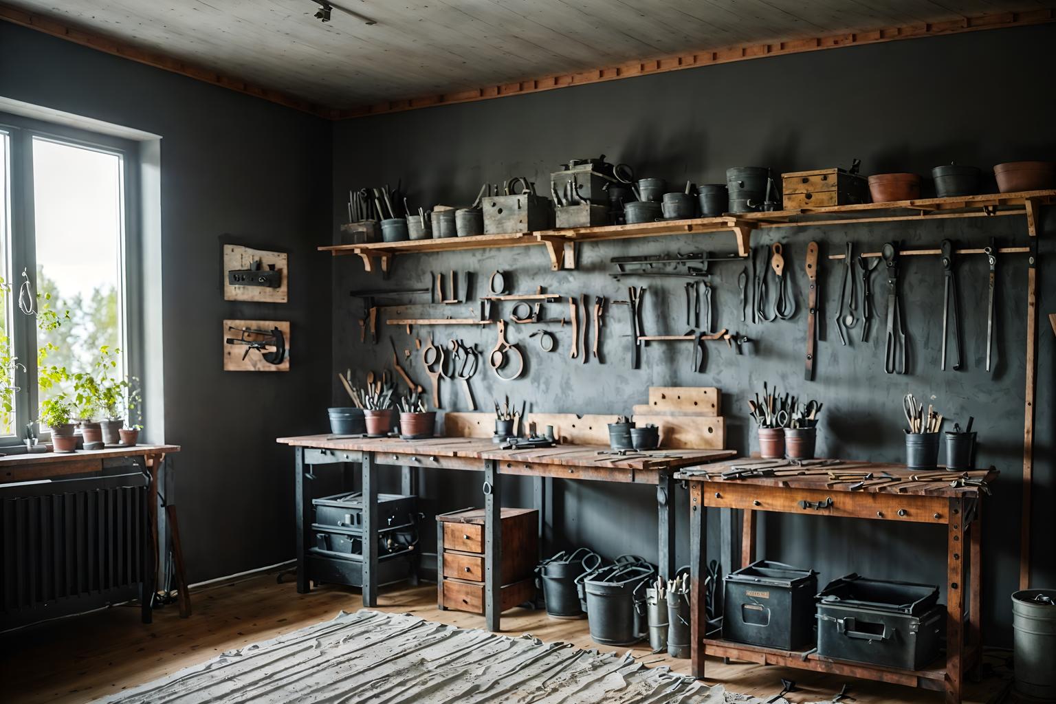 scandinavian-style (workshop interior) with tool wall and messy and wooden workbench and tool wall. . with . . cinematic photo, highly detailed, cinematic lighting, ultra-detailed, ultrarealistic, photorealism, 8k. scandinavian interior design style. masterpiece, cinematic light, ultrarealistic+, photorealistic+, 8k, raw photo, realistic, sharp focus on eyes, (symmetrical eyes), (intact eyes), hyperrealistic, highest quality, best quality, , highly detailed, masterpiece, best quality, extremely detailed 8k wallpaper, masterpiece, best quality, ultra-detailed, best shadow, detailed background, detailed face, detailed eyes, high contrast, best illumination, detailed face, dulux, caustic, dynamic angle, detailed glow. dramatic lighting. highly detailed, insanely detailed hair, symmetrical, intricate details, professionally retouched, 8k high definition. strong bokeh. award winning photo.