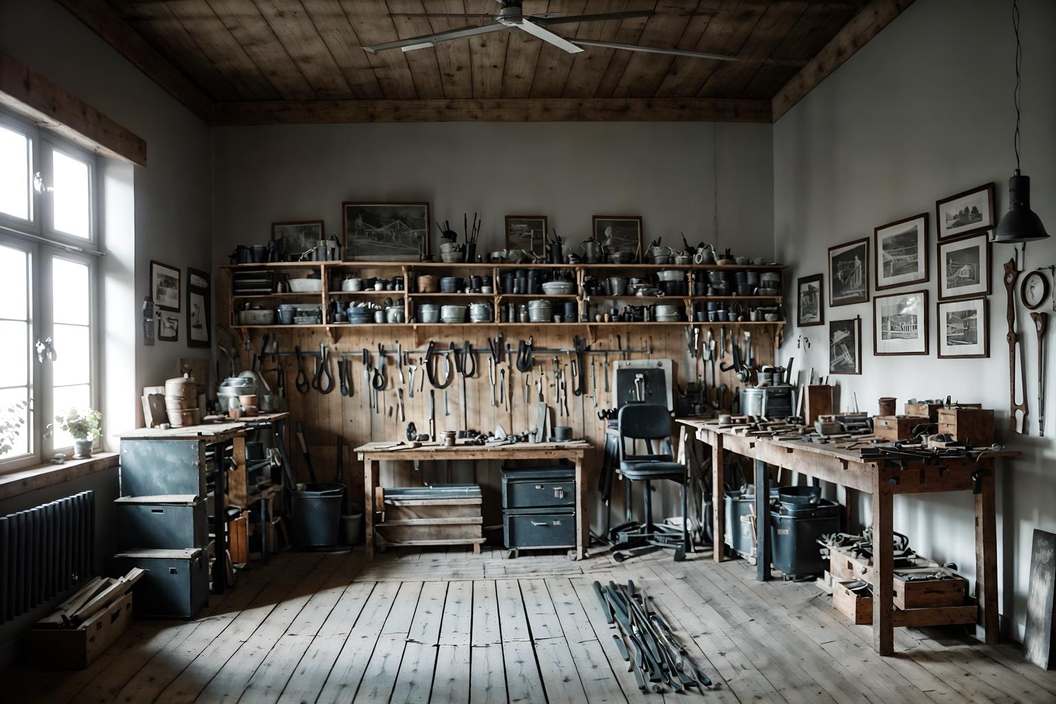 scandinavian-style (workshop interior) with tool wall and messy and wooden workbench and tool wall. . with . . cinematic photo, highly detailed, cinematic lighting, ultra-detailed, ultrarealistic, photorealism, 8k. scandinavian interior design style. masterpiece, cinematic light, ultrarealistic+, photorealistic+, 8k, raw photo, realistic, sharp focus on eyes, (symmetrical eyes), (intact eyes), hyperrealistic, highest quality, best quality, , highly detailed, masterpiece, best quality, extremely detailed 8k wallpaper, masterpiece, best quality, ultra-detailed, best shadow, detailed background, detailed face, detailed eyes, high contrast, best illumination, detailed face, dulux, caustic, dynamic angle, detailed glow. dramatic lighting. highly detailed, insanely detailed hair, symmetrical, intricate details, professionally retouched, 8k high definition. strong bokeh. award winning photo.