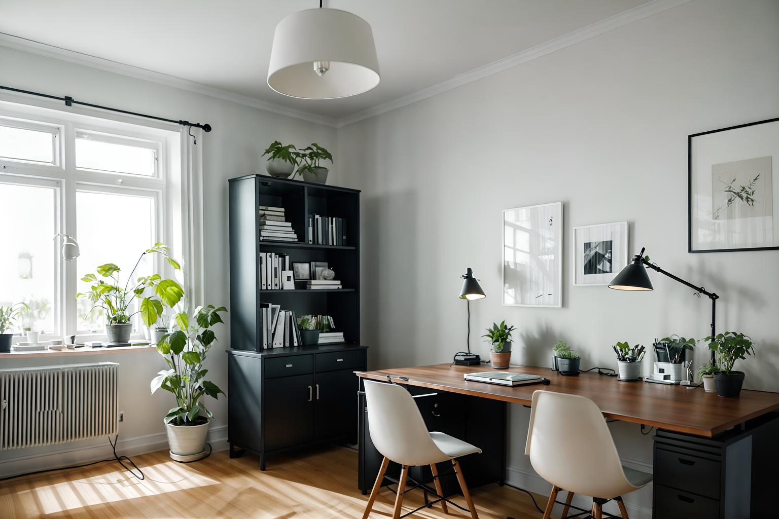 scandinavian-style (home office interior) with plant and desk lamp and cabinets and office chair and computer desk and plant. . with . . cinematic photo, highly detailed, cinematic lighting, ultra-detailed, ultrarealistic, photorealism, 8k. scandinavian interior design style. masterpiece, cinematic light, ultrarealistic+, photorealistic+, 8k, raw photo, realistic, sharp focus on eyes, (symmetrical eyes), (intact eyes), hyperrealistic, highest quality, best quality, , highly detailed, masterpiece, best quality, extremely detailed 8k wallpaper, masterpiece, best quality, ultra-detailed, best shadow, detailed background, detailed face, detailed eyes, high contrast, best illumination, detailed face, dulux, caustic, dynamic angle, detailed glow. dramatic lighting. highly detailed, insanely detailed hair, symmetrical, intricate details, professionally retouched, 8k high definition. strong bokeh. award winning photo.